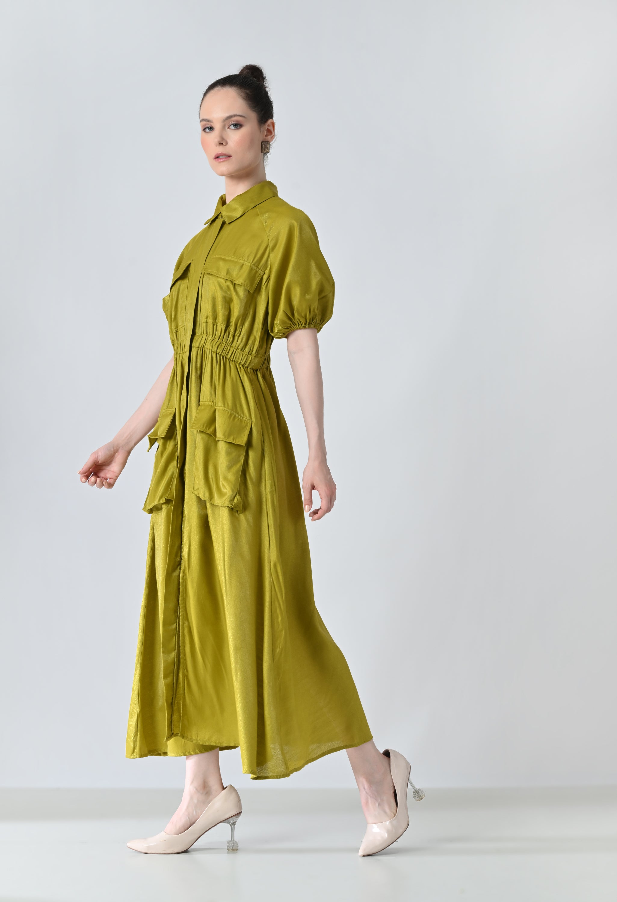 Olive Gathered Utility Dress With Pockets