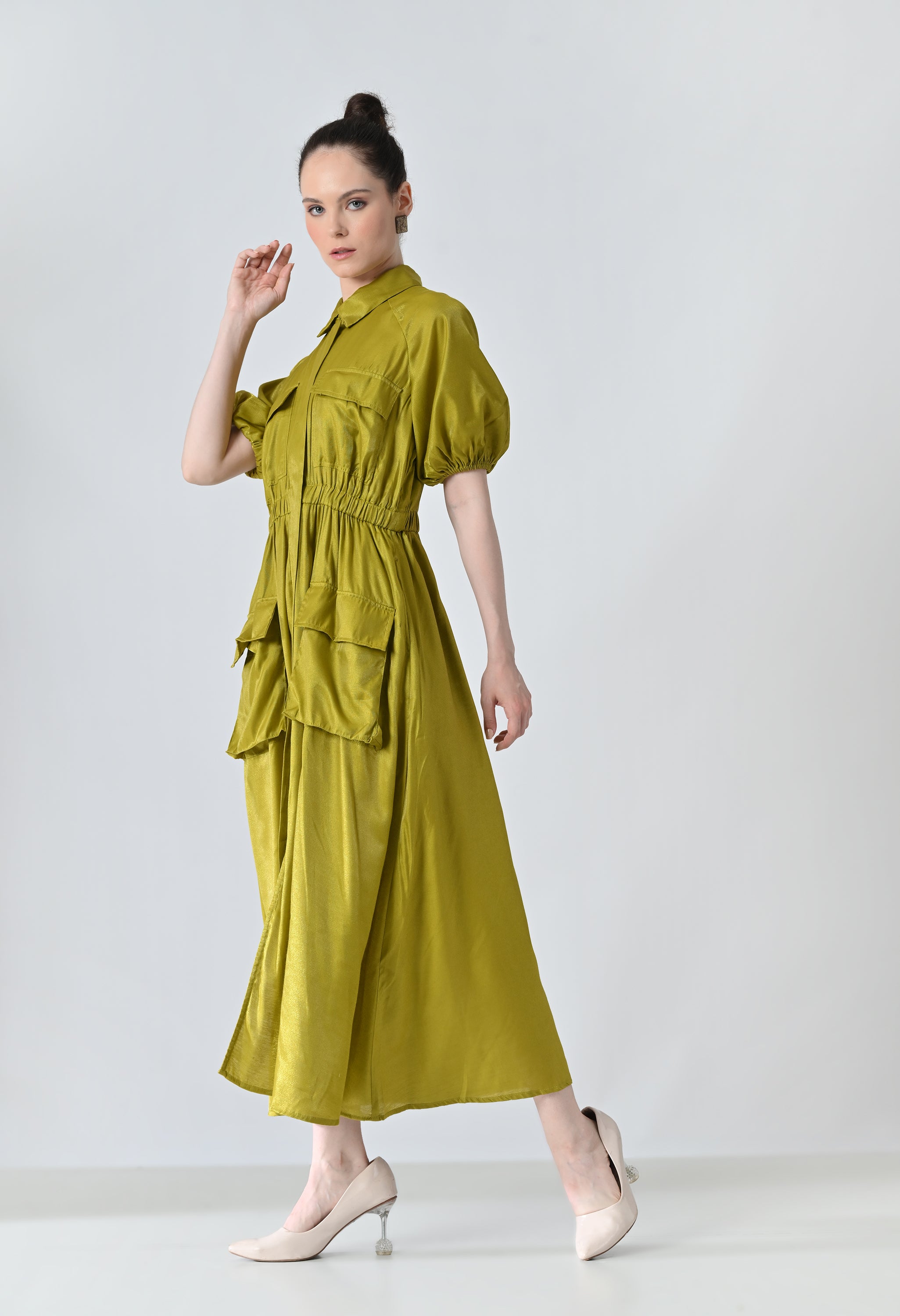 Olive Gathered Utility Dress With Pockets