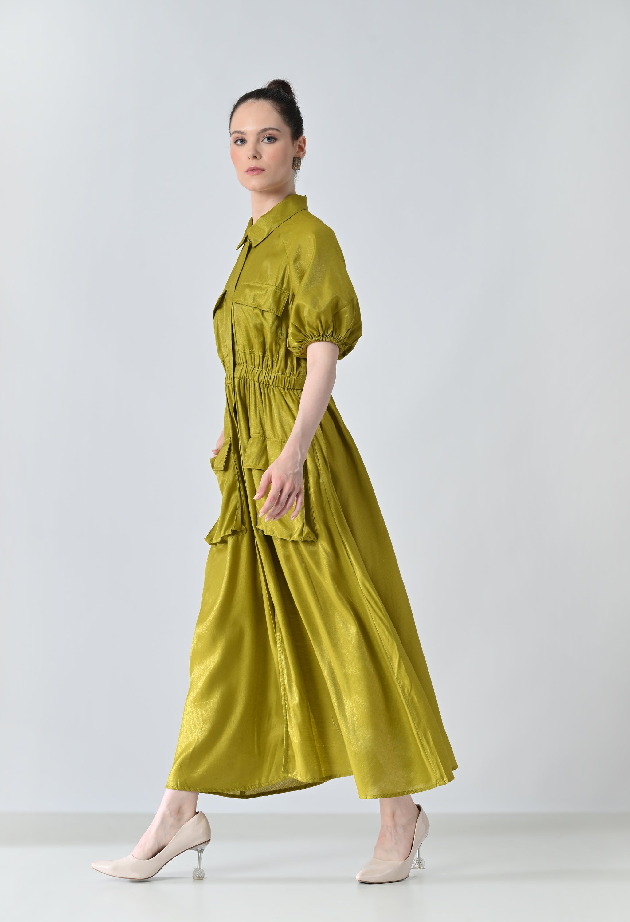 Olive Gathered Utility Dress With Pockets