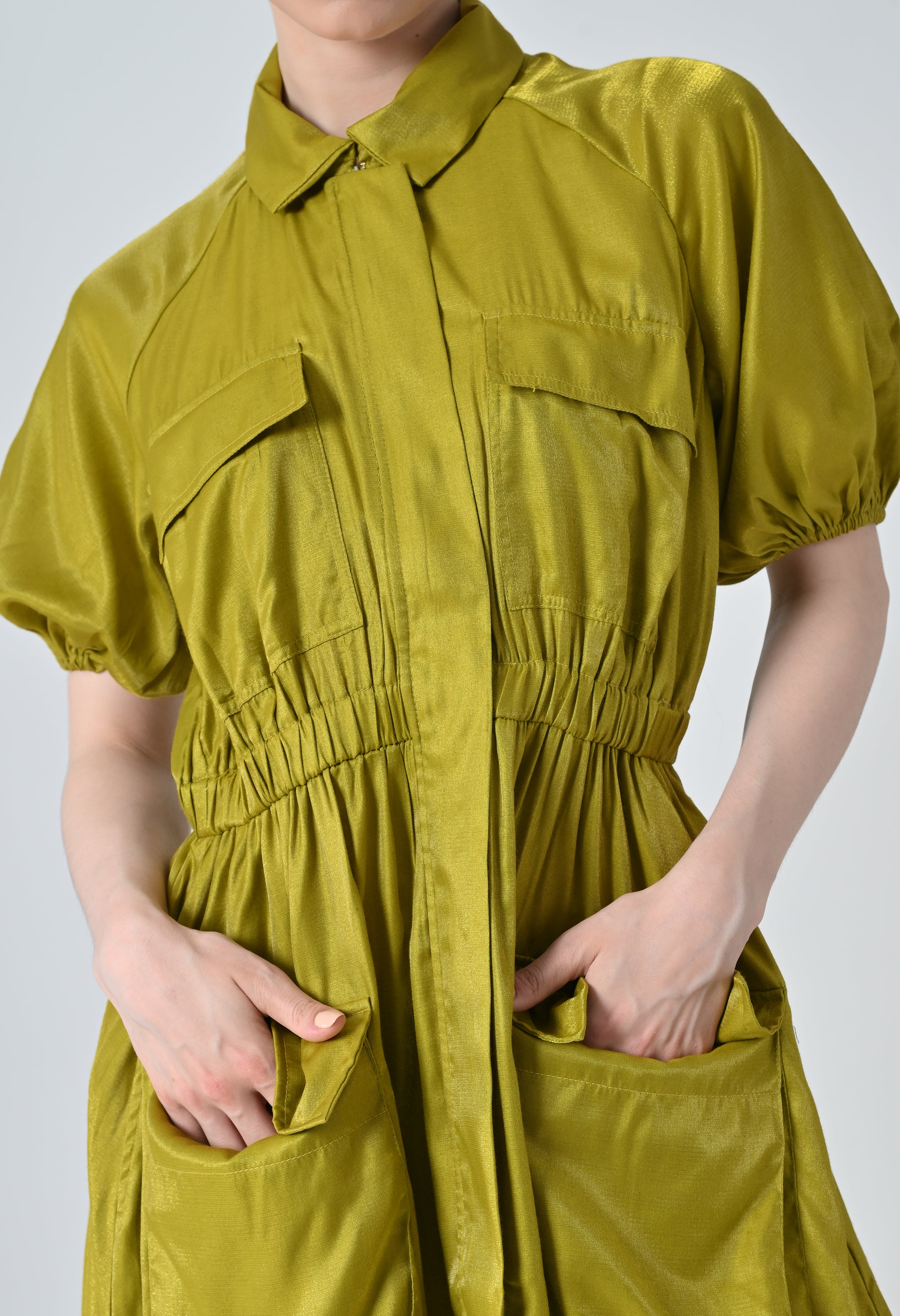 Olive Gathered Utility Dress With Pockets