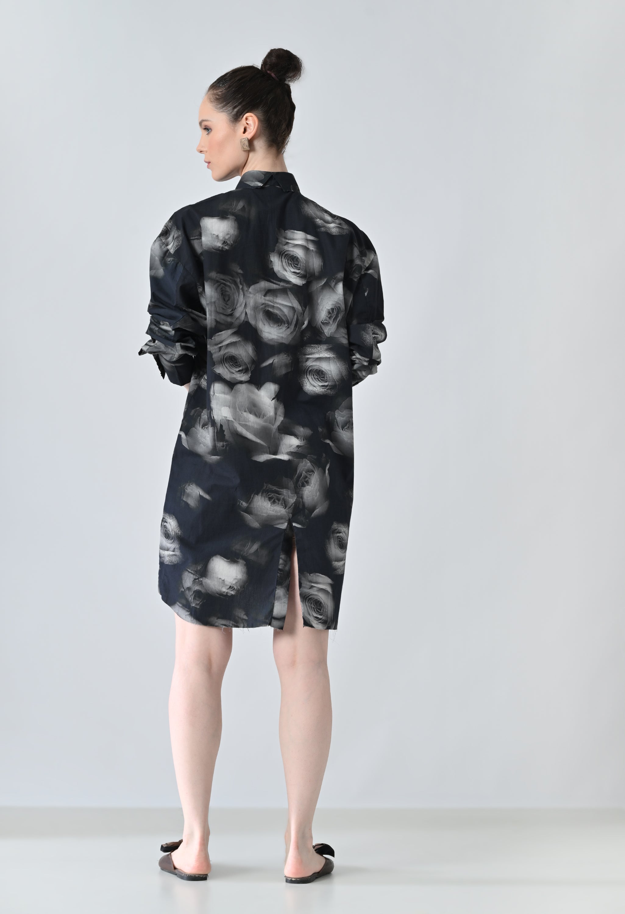 Black Blur Rose Printed Long Shirt