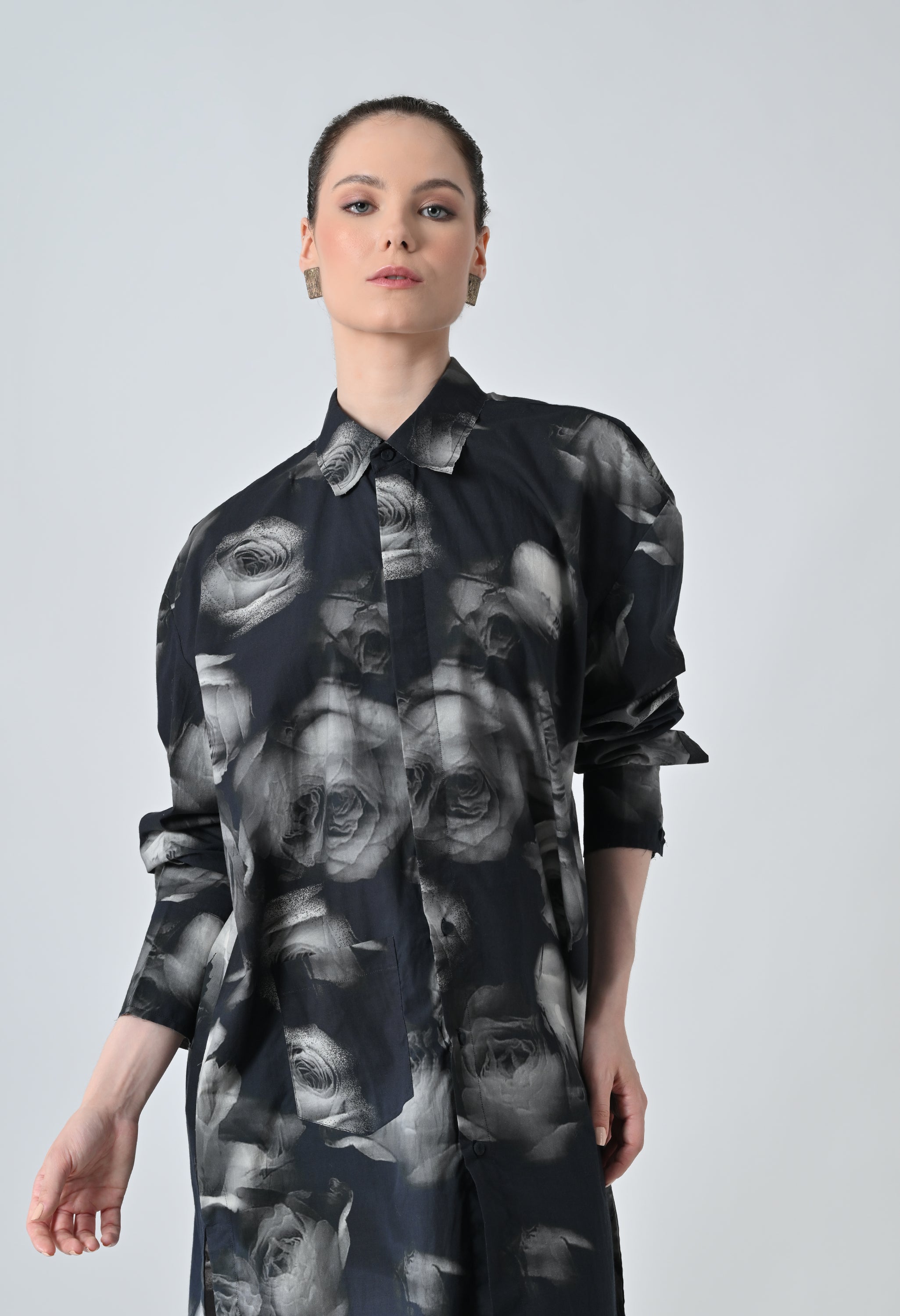 Black Blur Rose Printed Long Shirt