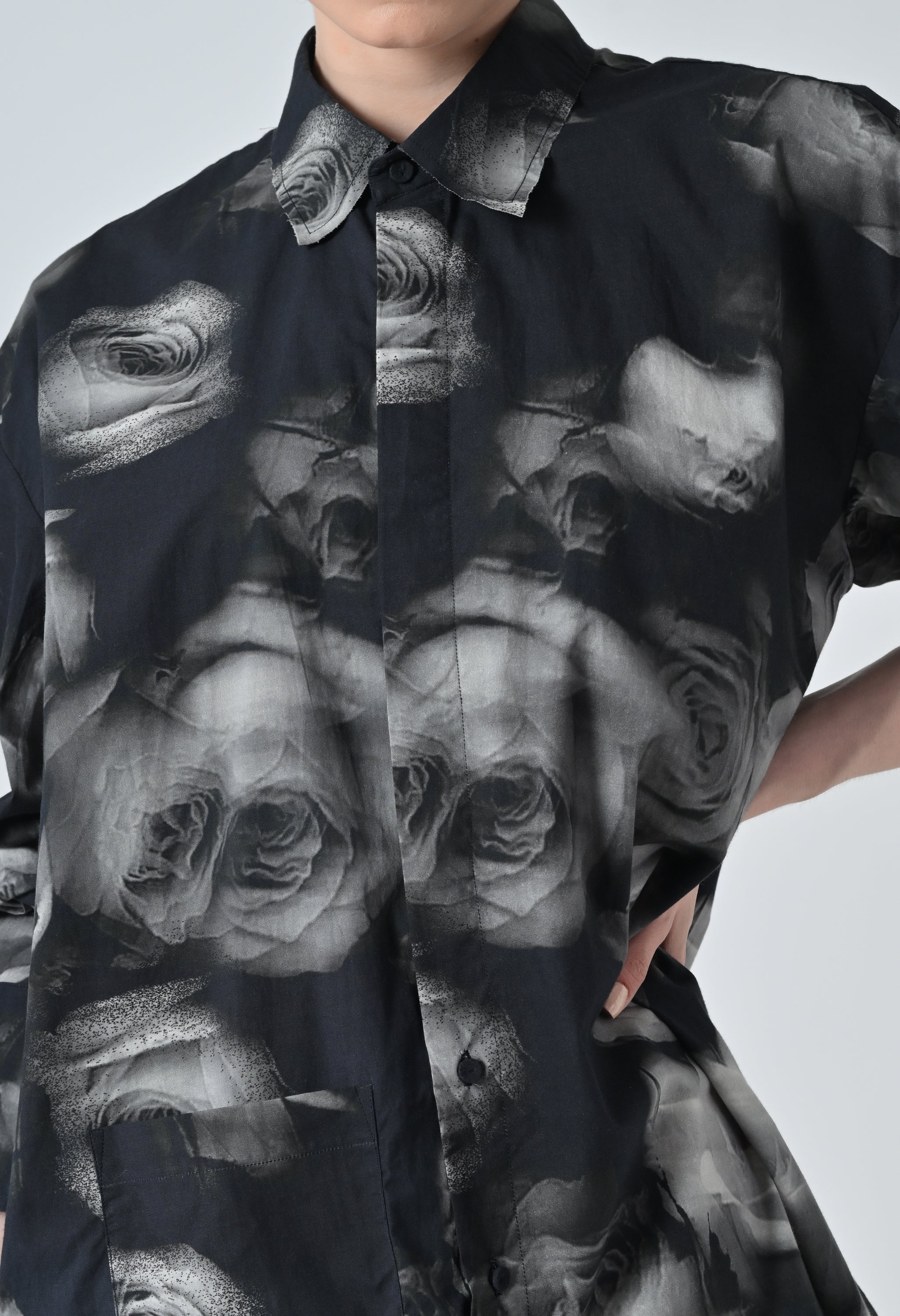 Black Blur Rose Printed Long Shirt