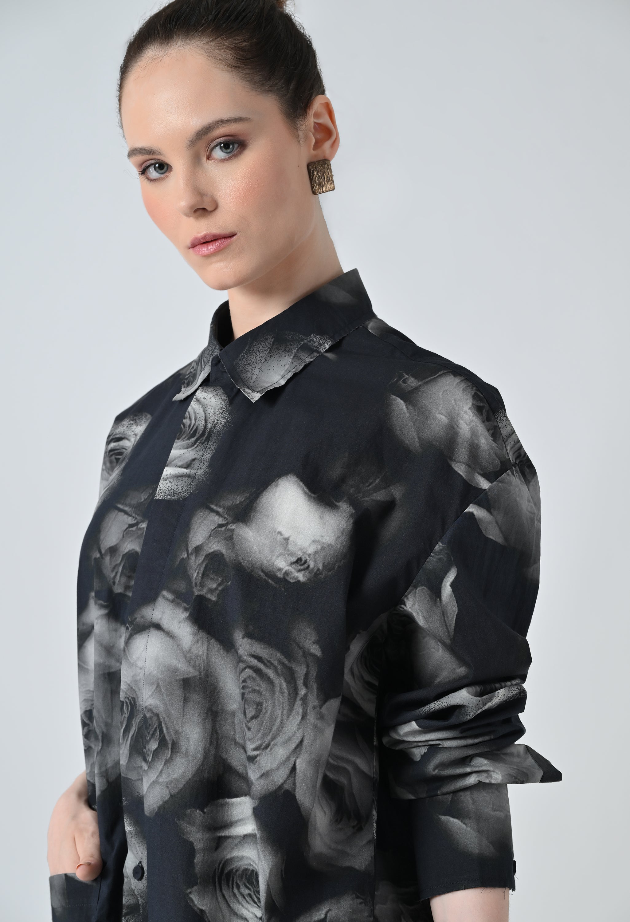 Black Blur Rose Printed Long Shirt