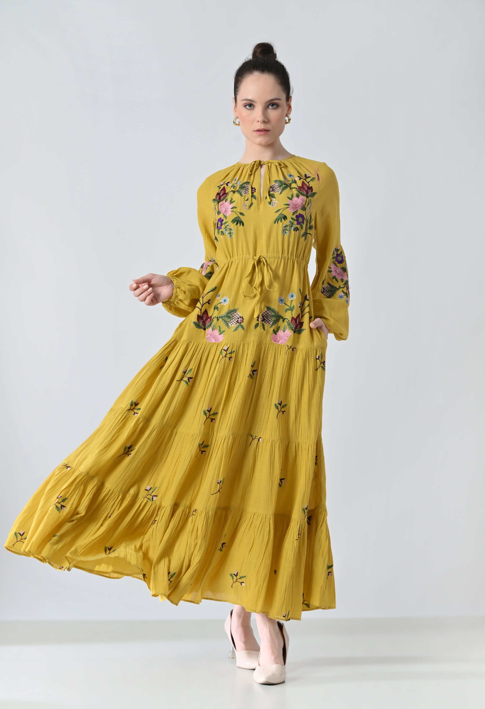 Sunflower Yellow Embroidered Midi Dress