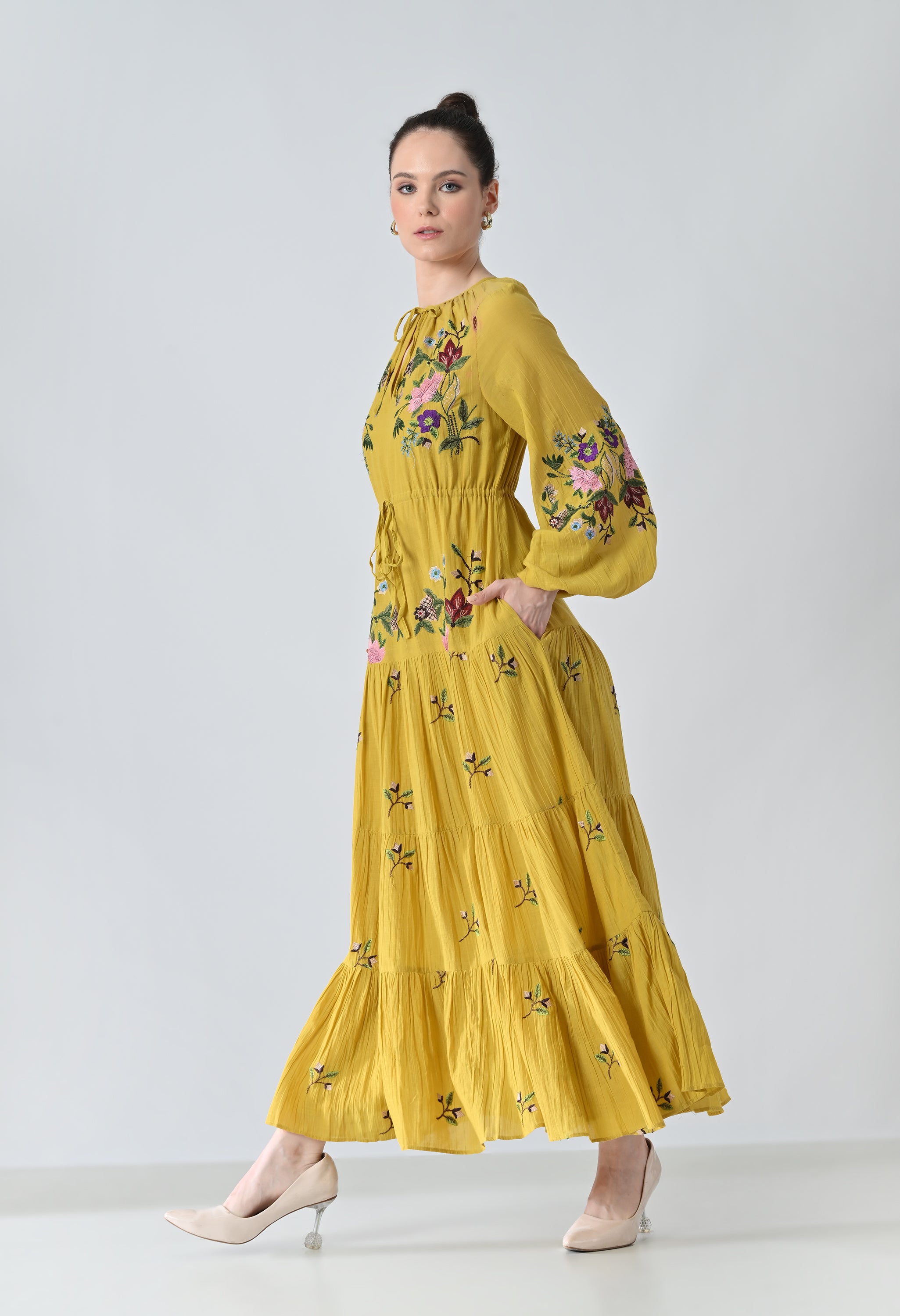 Sunflower Yellow Embroidered Midi Dress