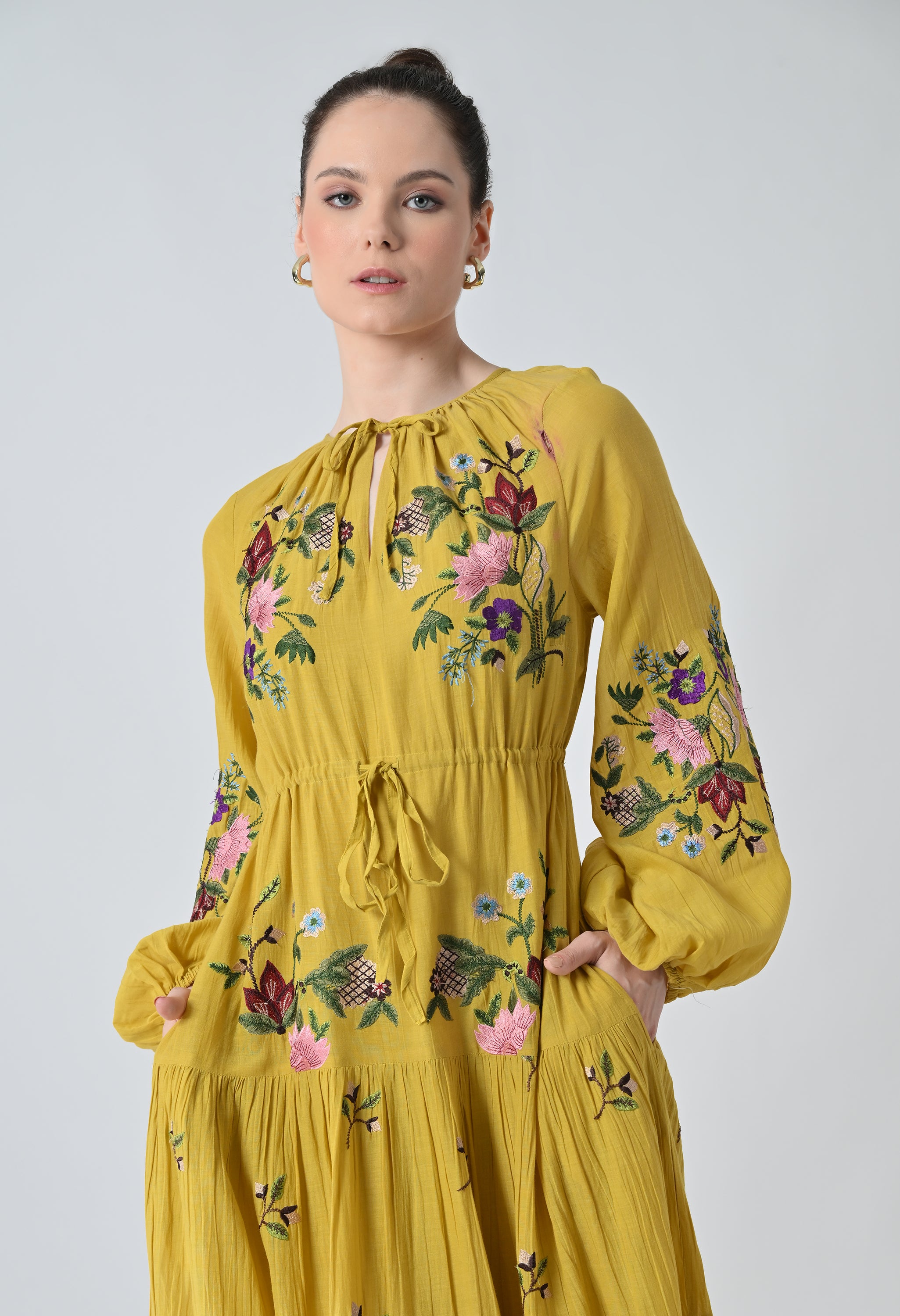 Sunflower Yellow Embroidered Midi Dress