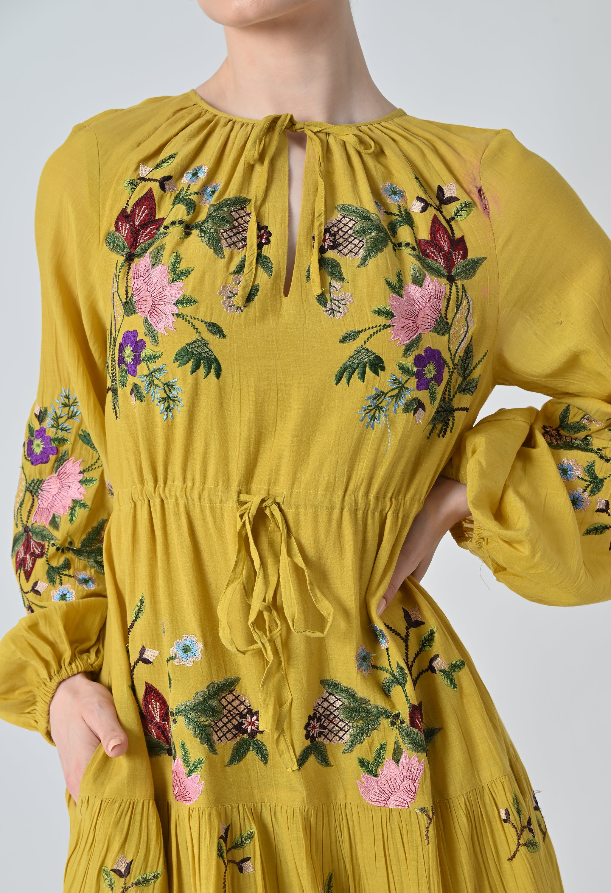 Sunflower Yellow Embroidered Midi Dress
