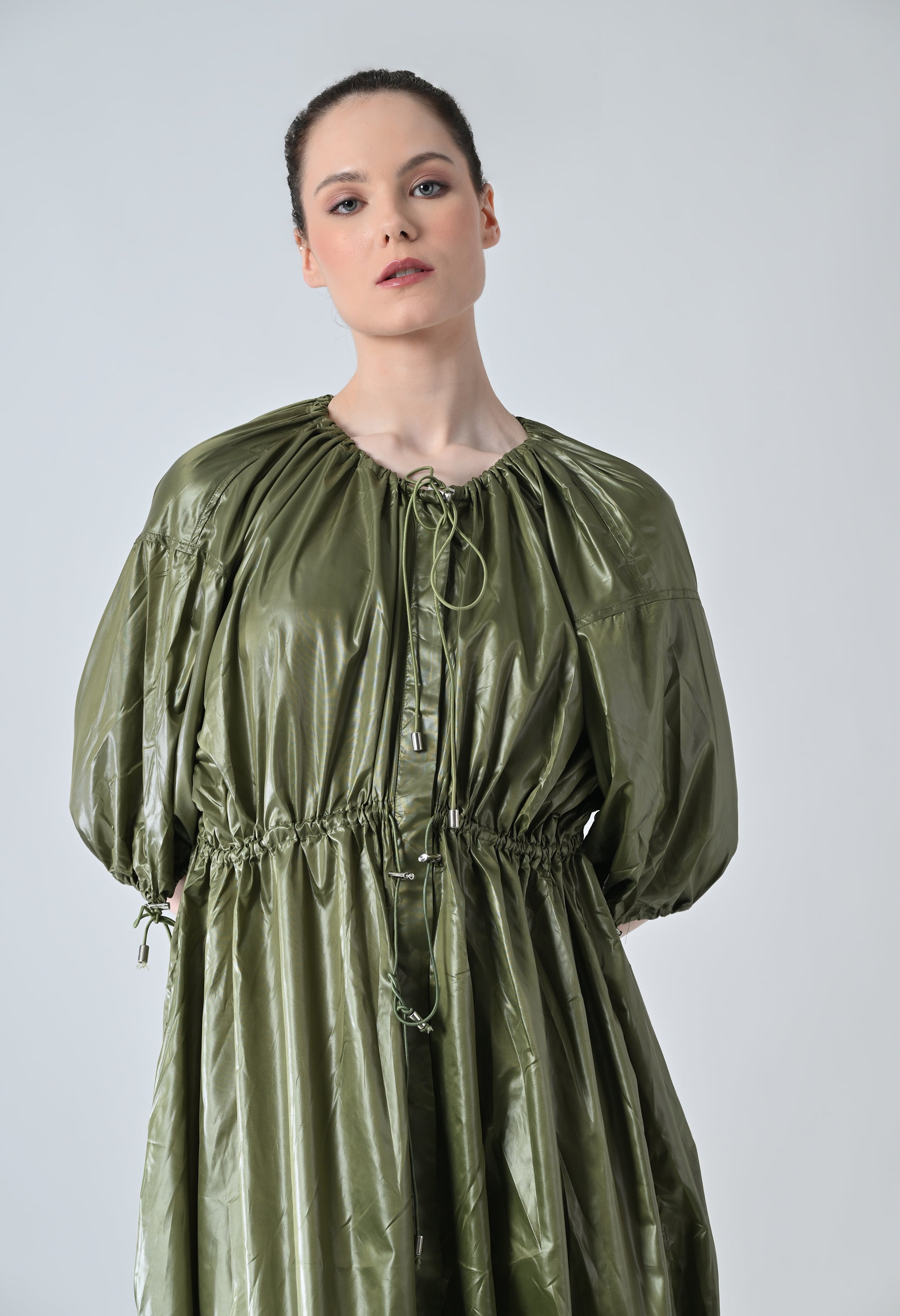 Olive Utility Gathered Ballon Dress
