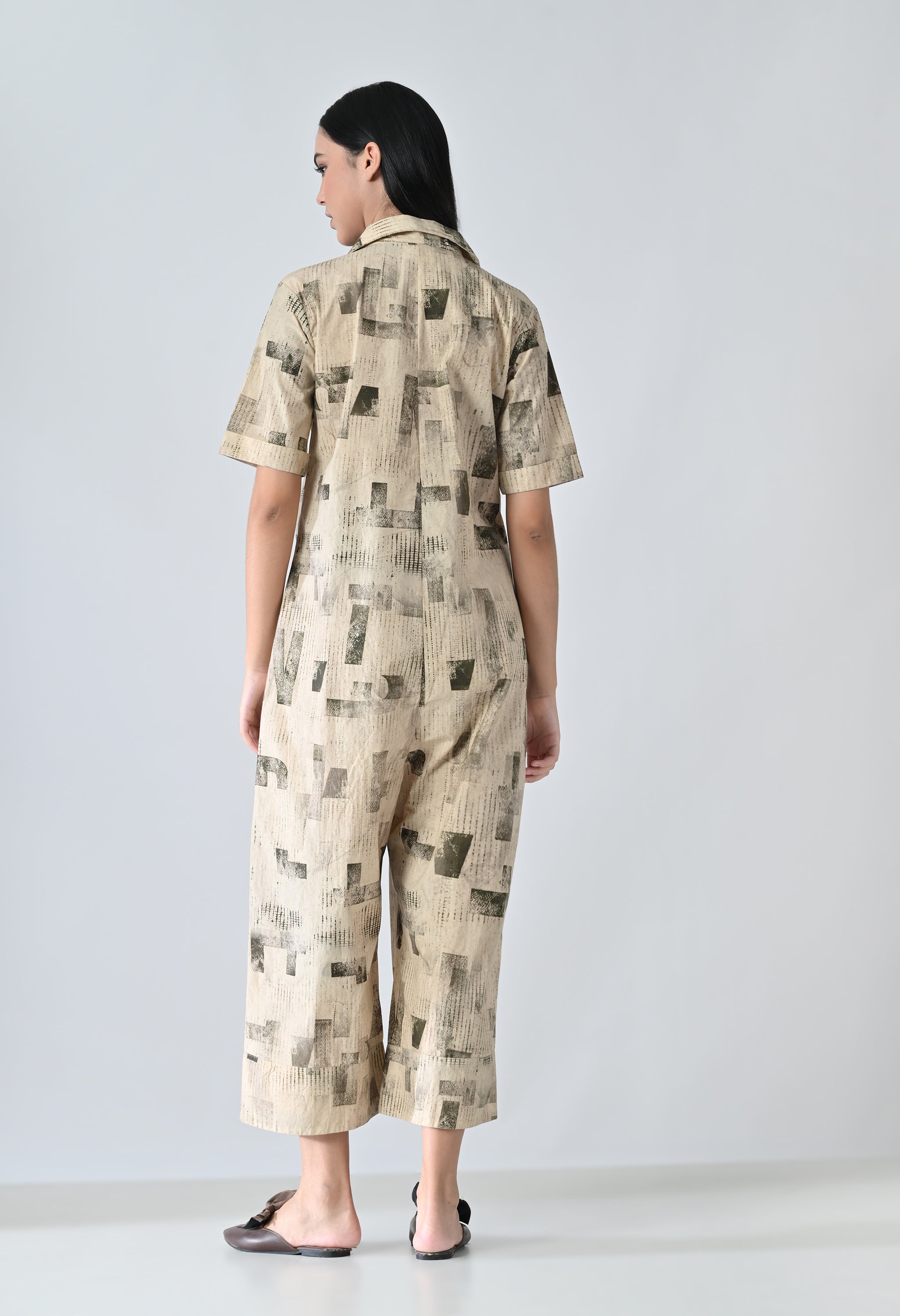 Beige Printed Relaxed Fit Jumpsuit