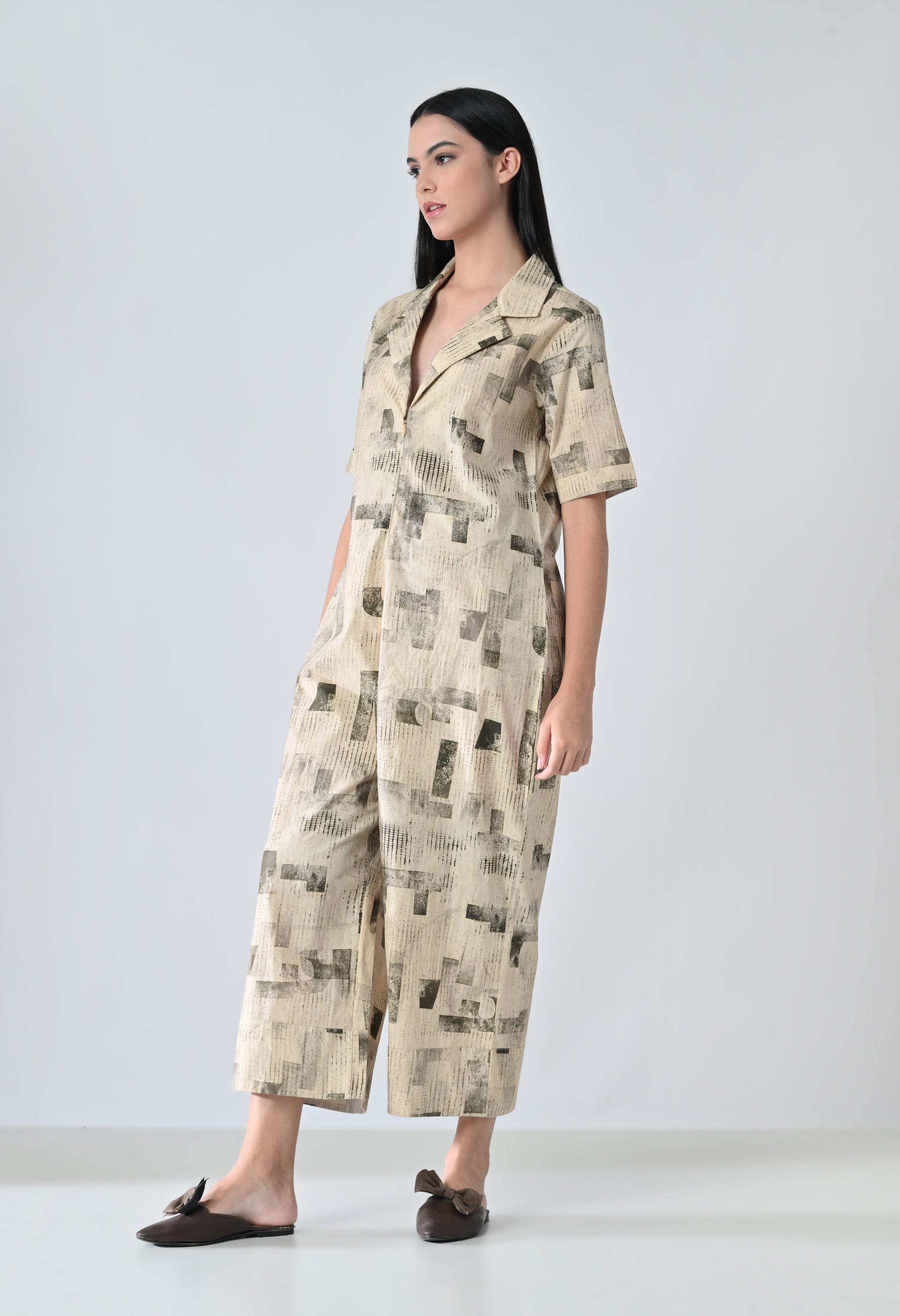 Beige Printed Relaxed Fit Jumpsuit
