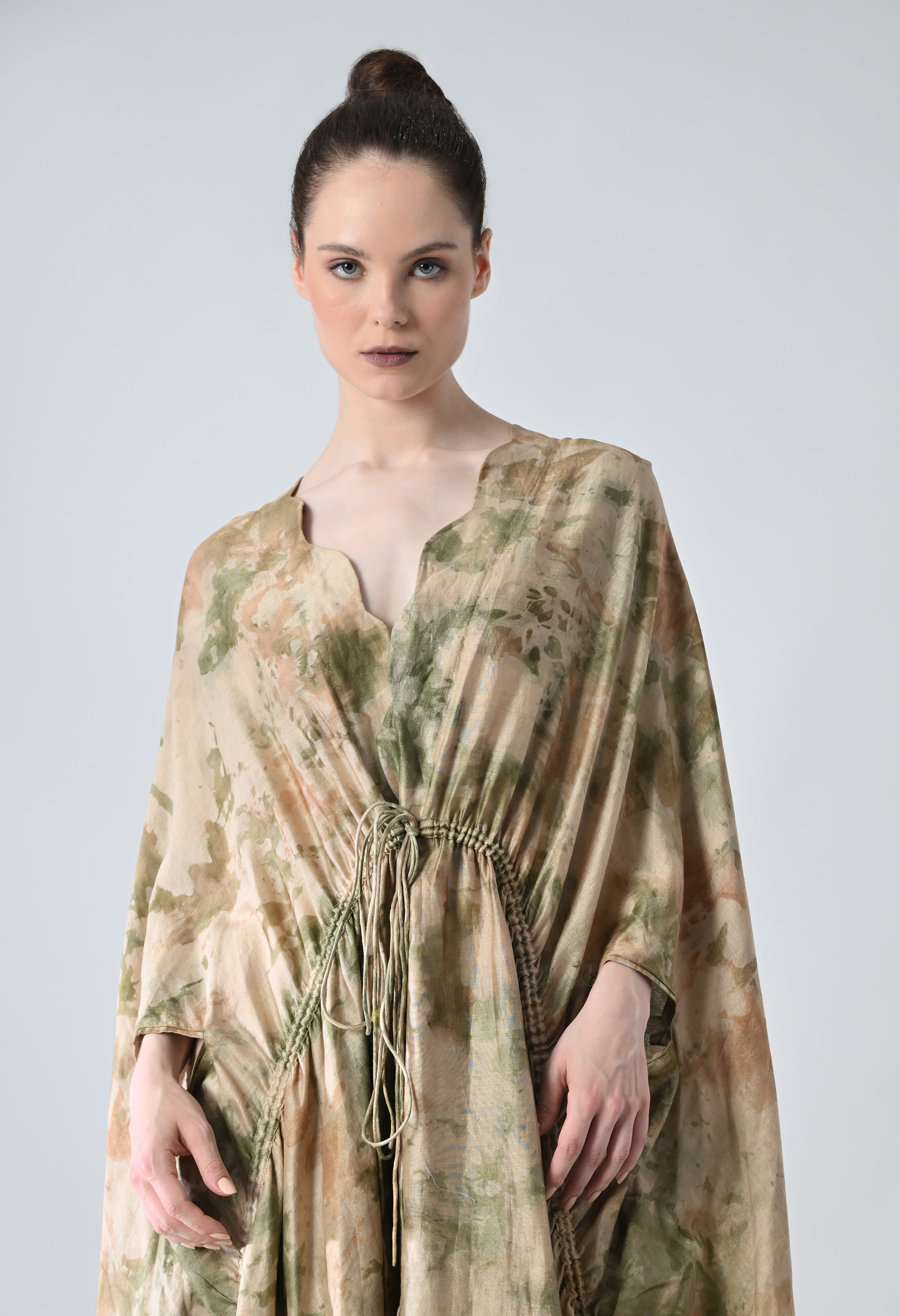 Desert Beige Drape Gathered Printed Kaftan Dress