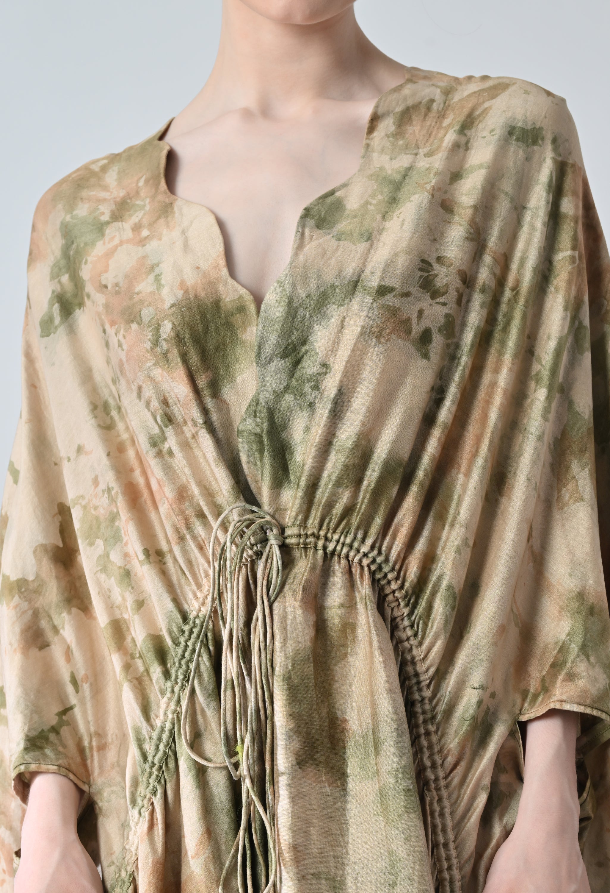 Desert Beige Drape Gathered Printed Kaftan Dress