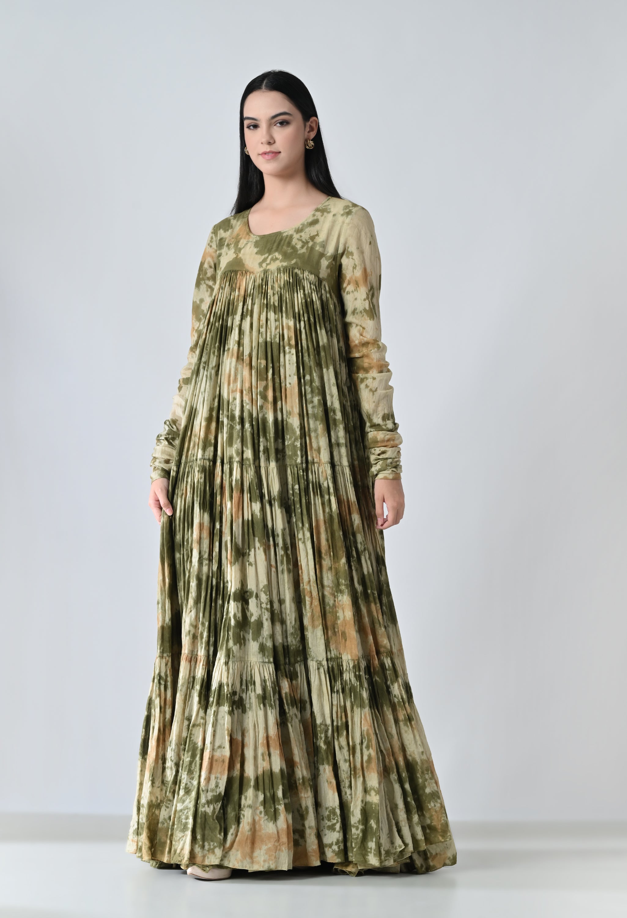 Olive Meadow Pleated Printed Dress