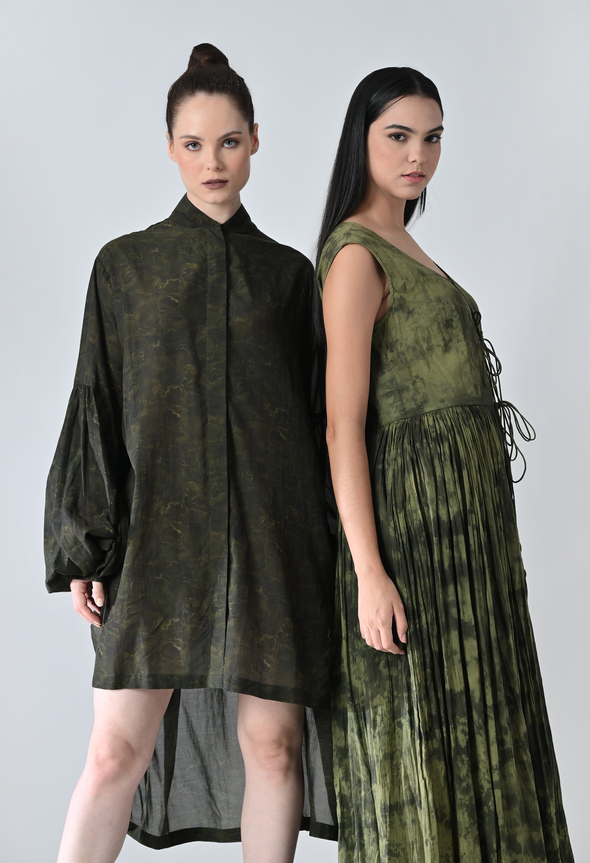 Green Forest Gathered Printed Long Dress
