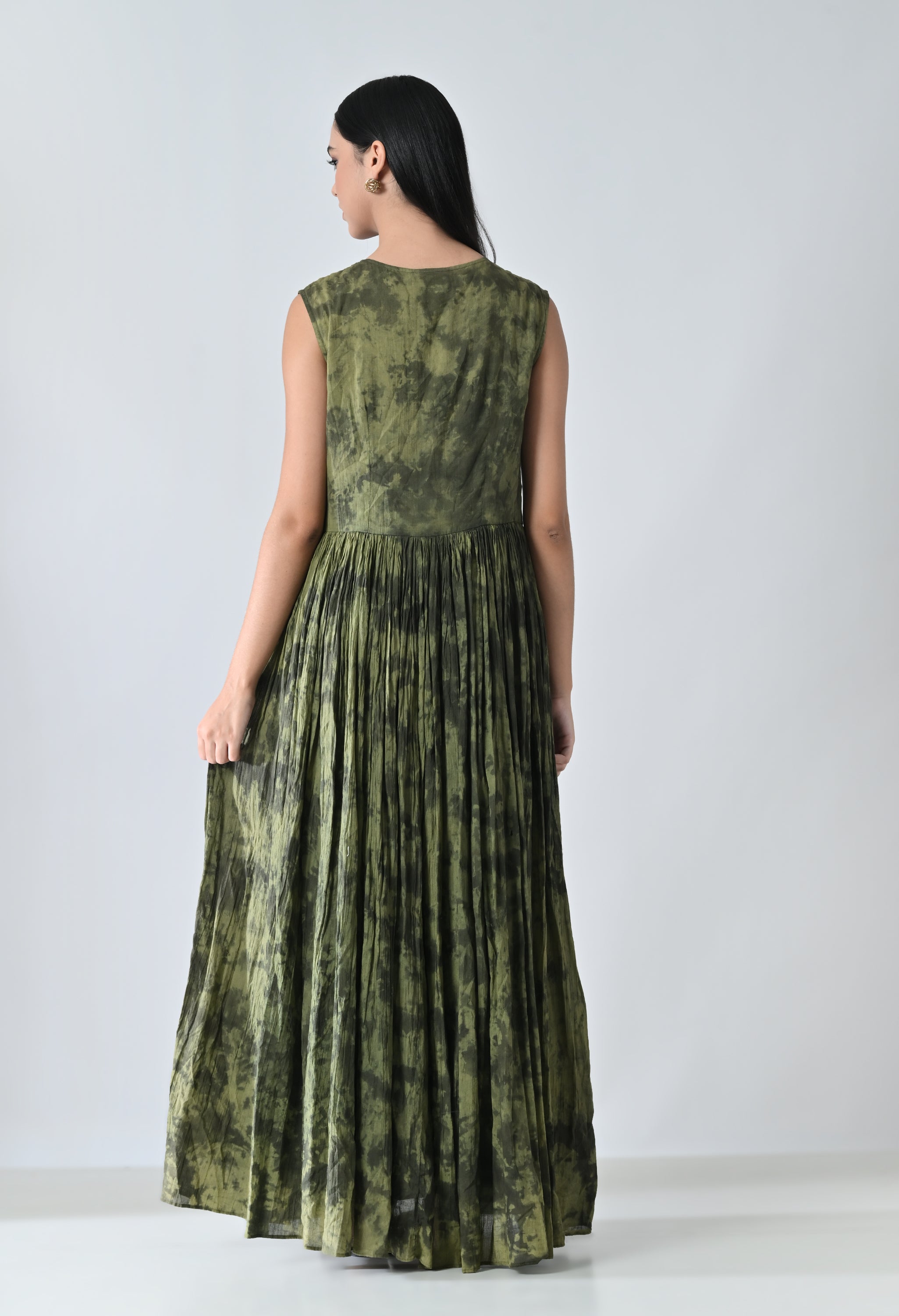 Green Forest Gathered Printed Long Dress