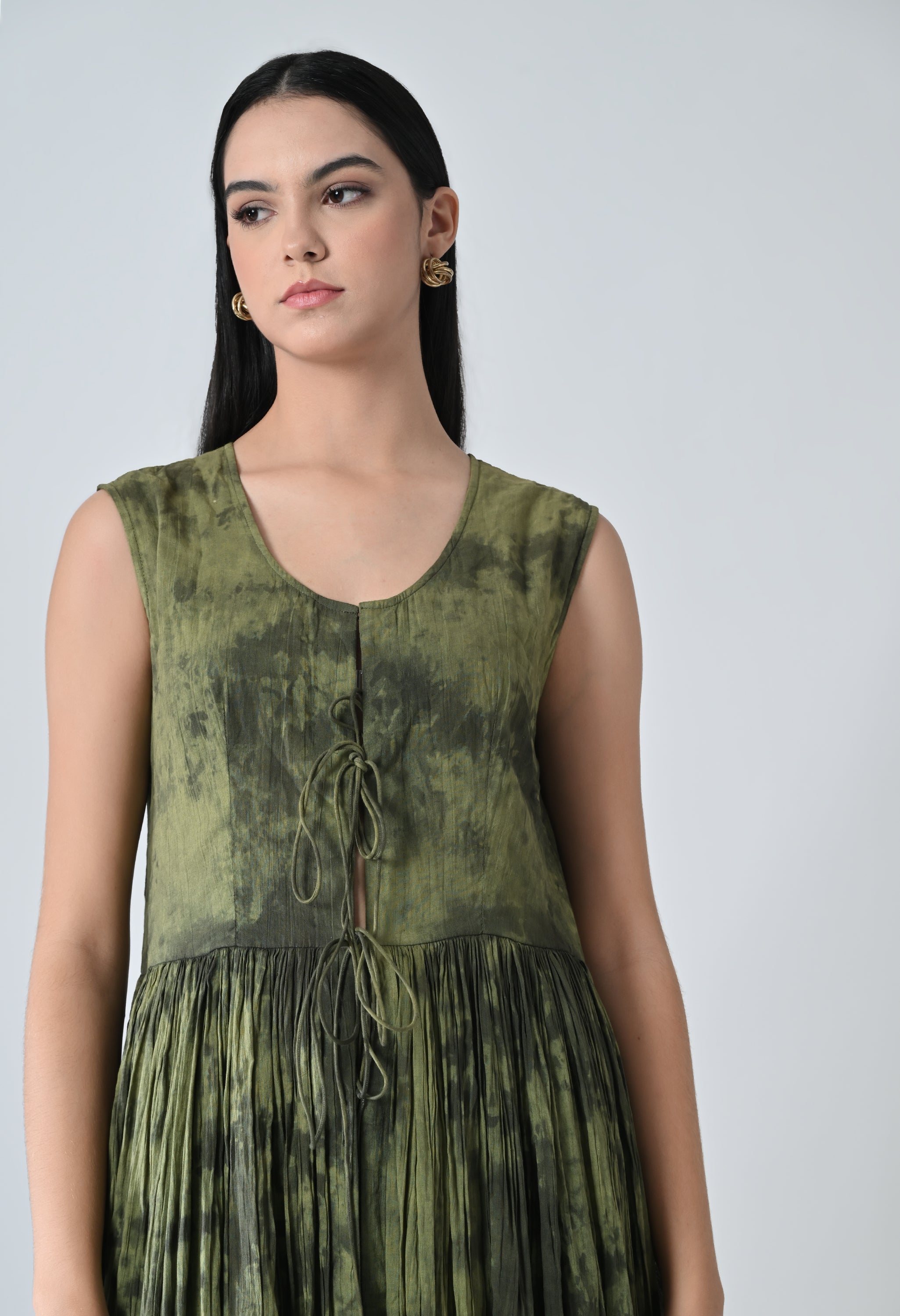Green Forest Gathered Printed Long Dress