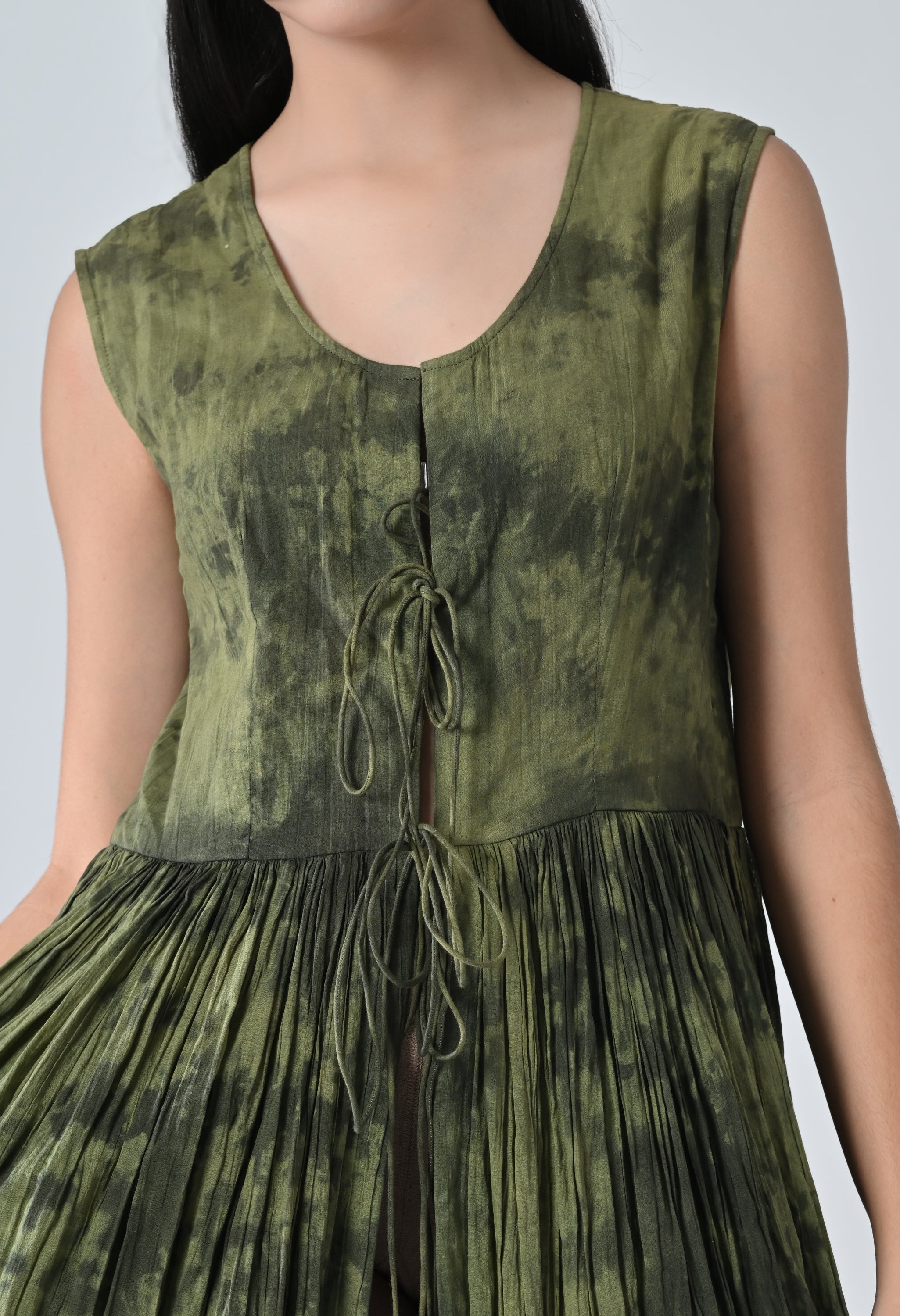 Green Forest Gathered Printed Long Dress