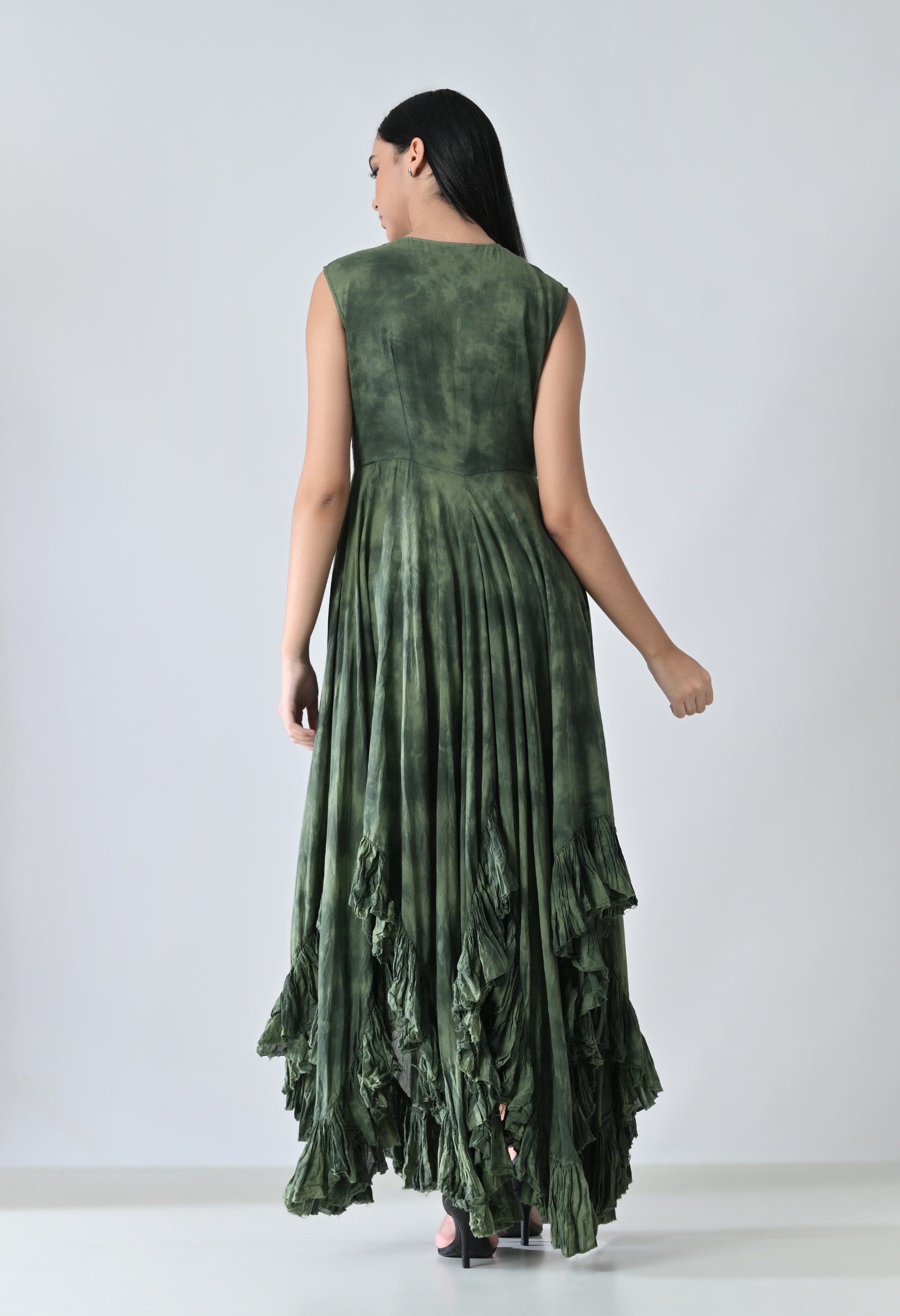 Green Forest Cascade Ruffled High Low Printed Dress