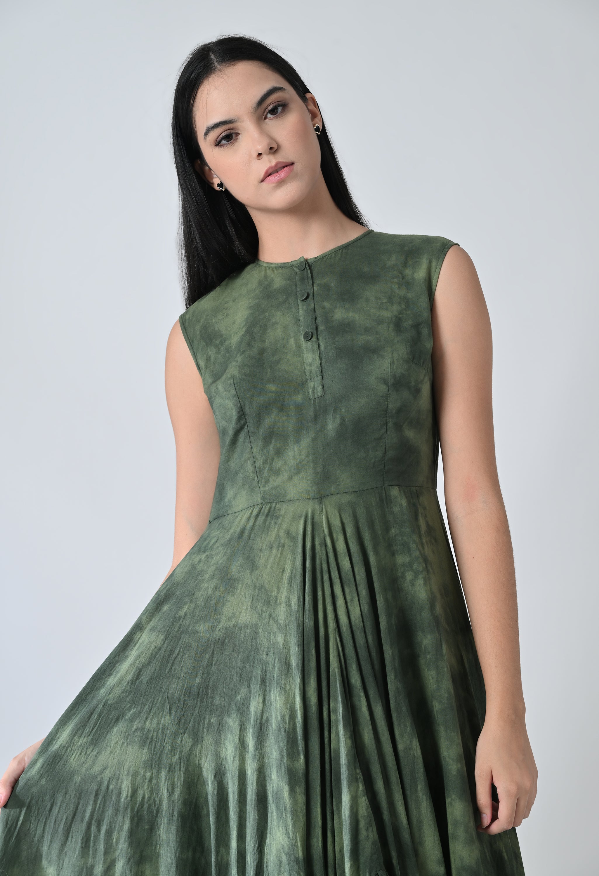 Green Forest Cascade Ruffled High Low Printed Dress