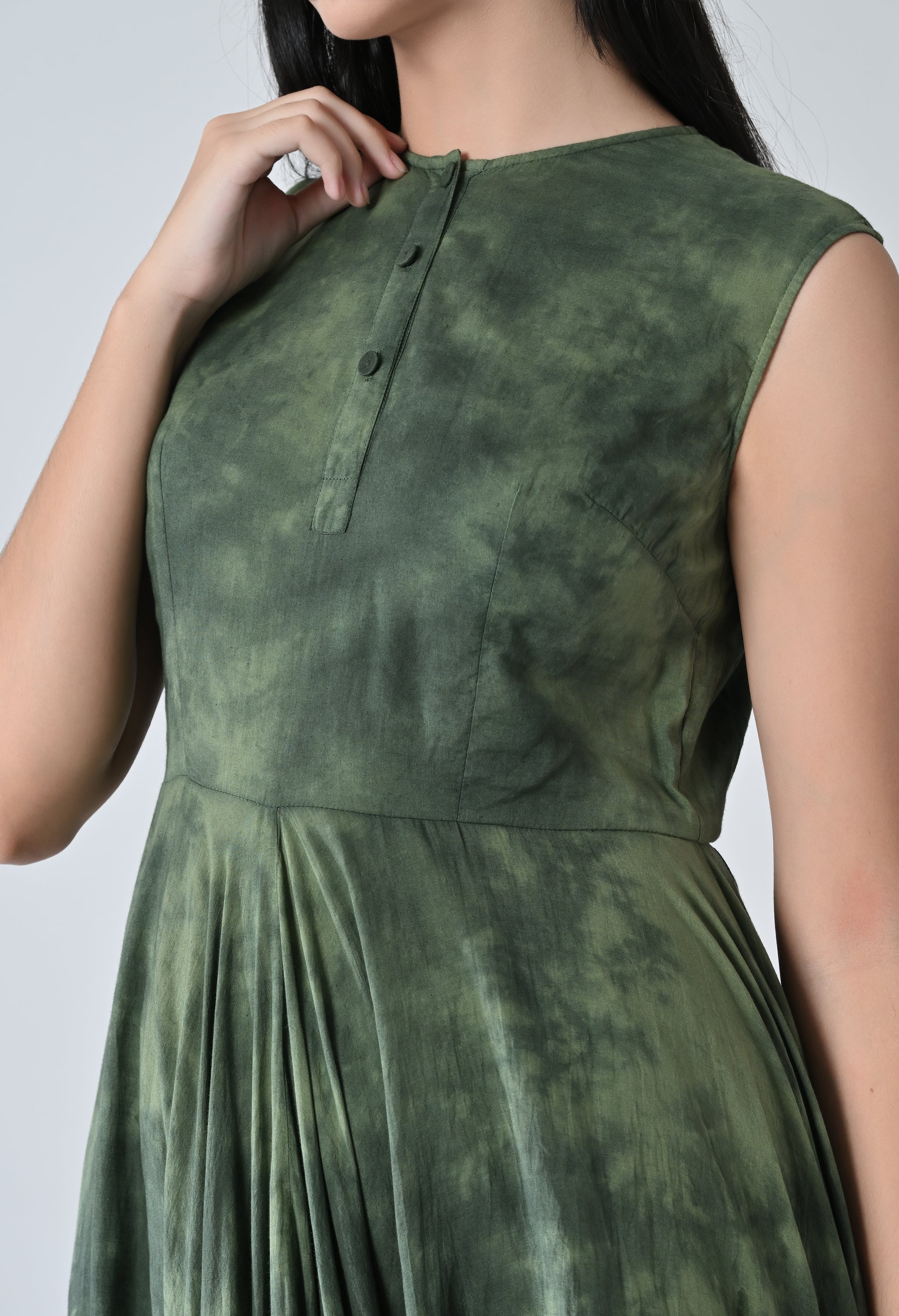 Green Forest Cascade Ruffled High Low Printed Dress