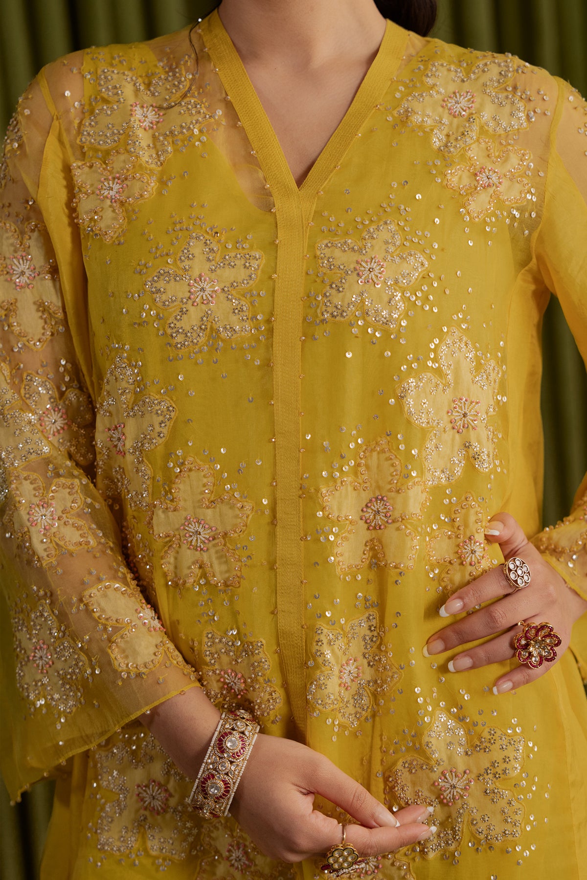 Mango co-ord set with embroidered floral pattern.