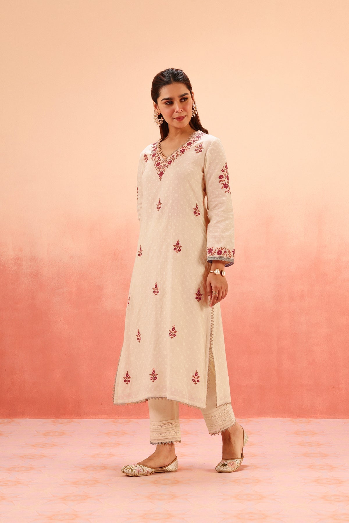 GULBANO BEIGE JACQUARD EMBROIDERED KURTA SET