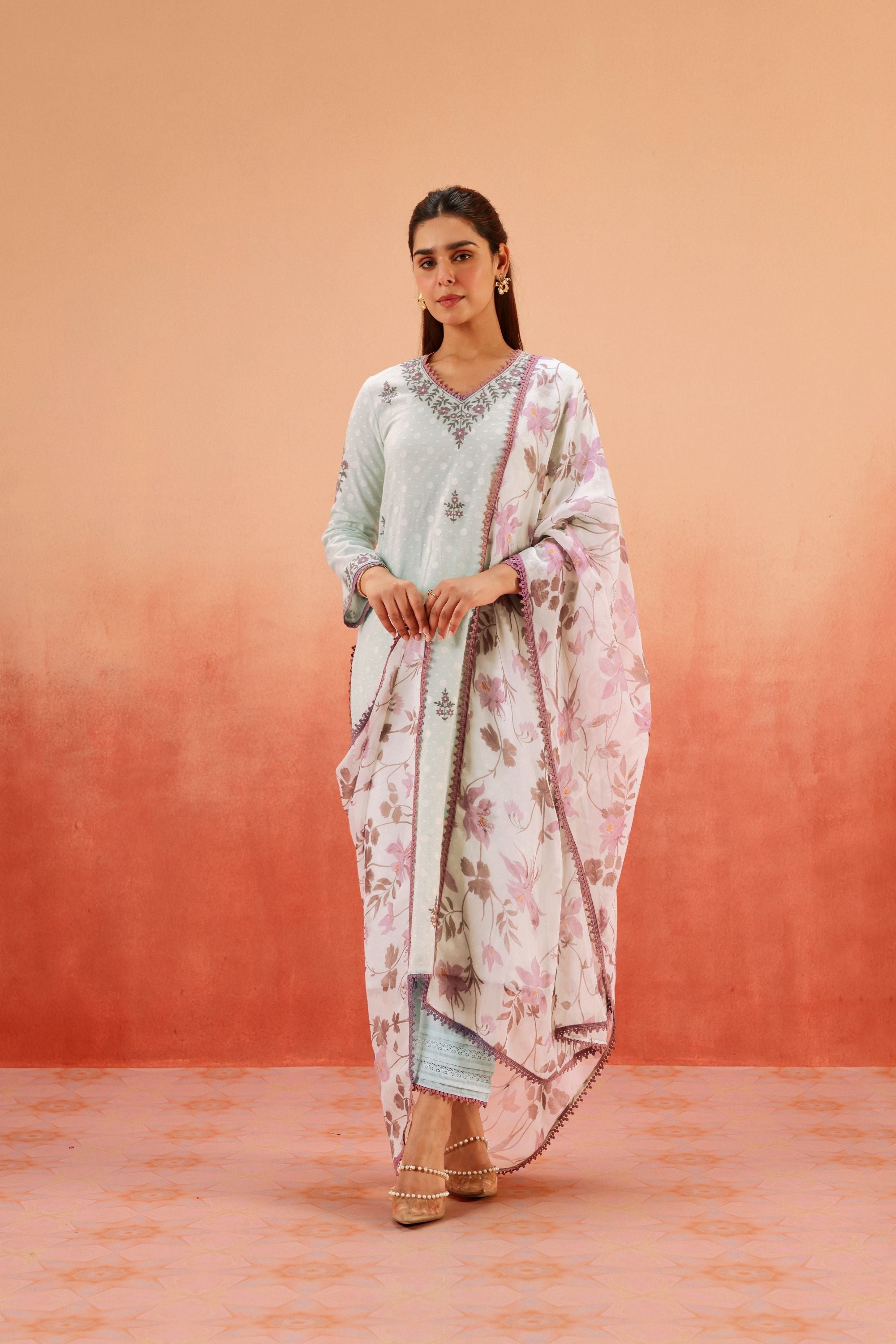 GULBANO BLUE JACQUARD EMBROIDERED KURTA SET