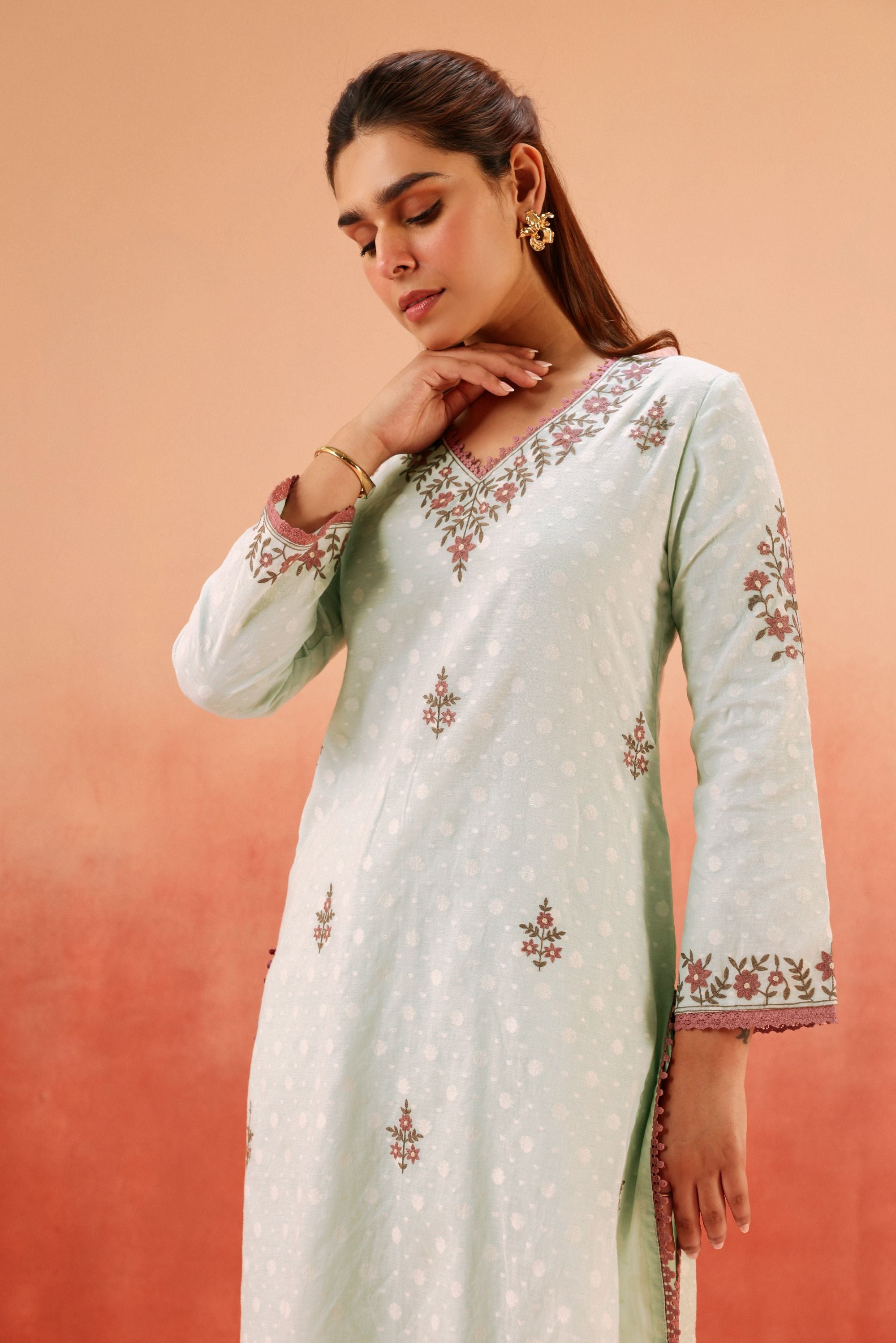 GULBANO BLUE JACQUARD EMBROIDERED KURTA SET