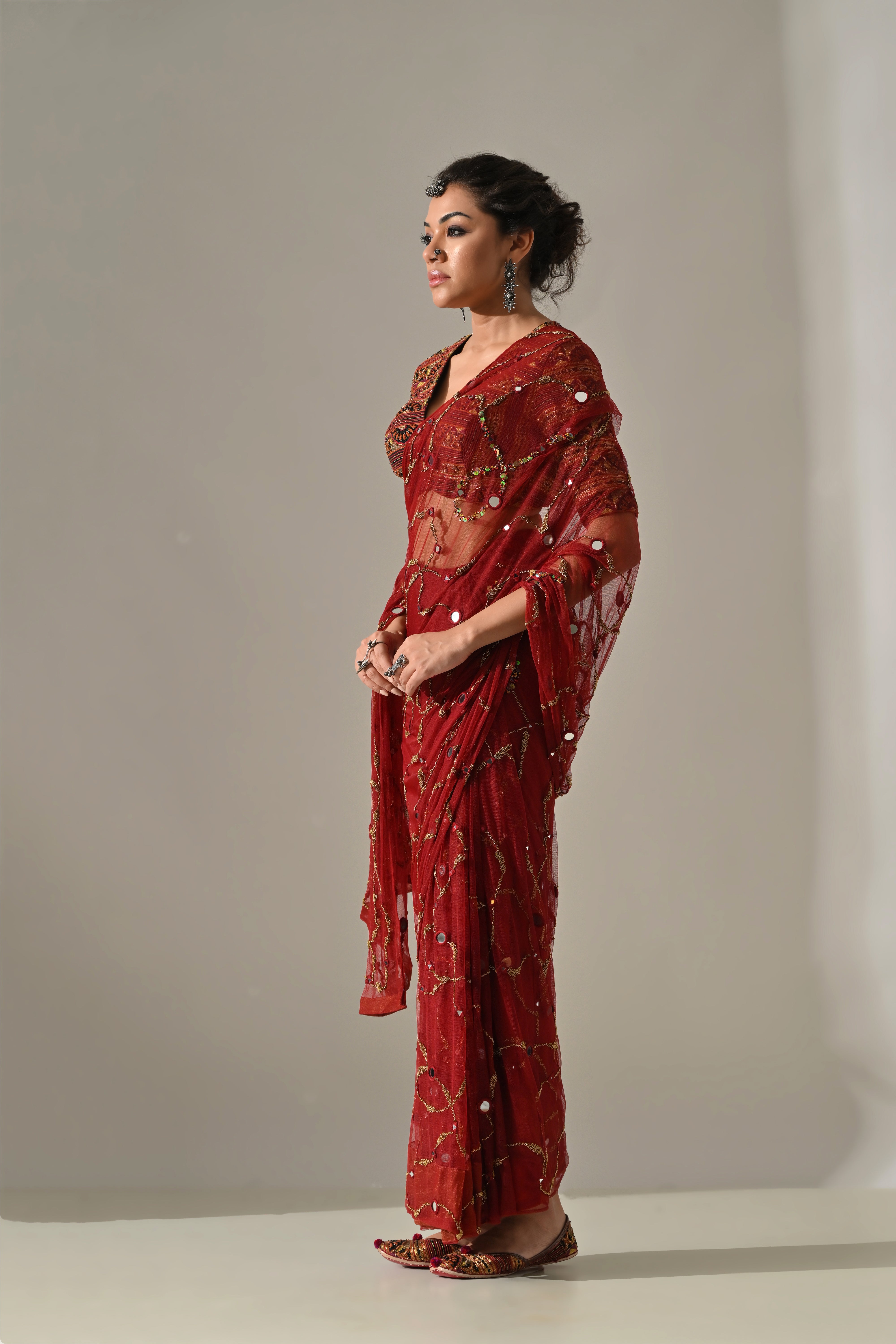 Deep Red Gold Mirror Work Hand Embroidered Saree Set