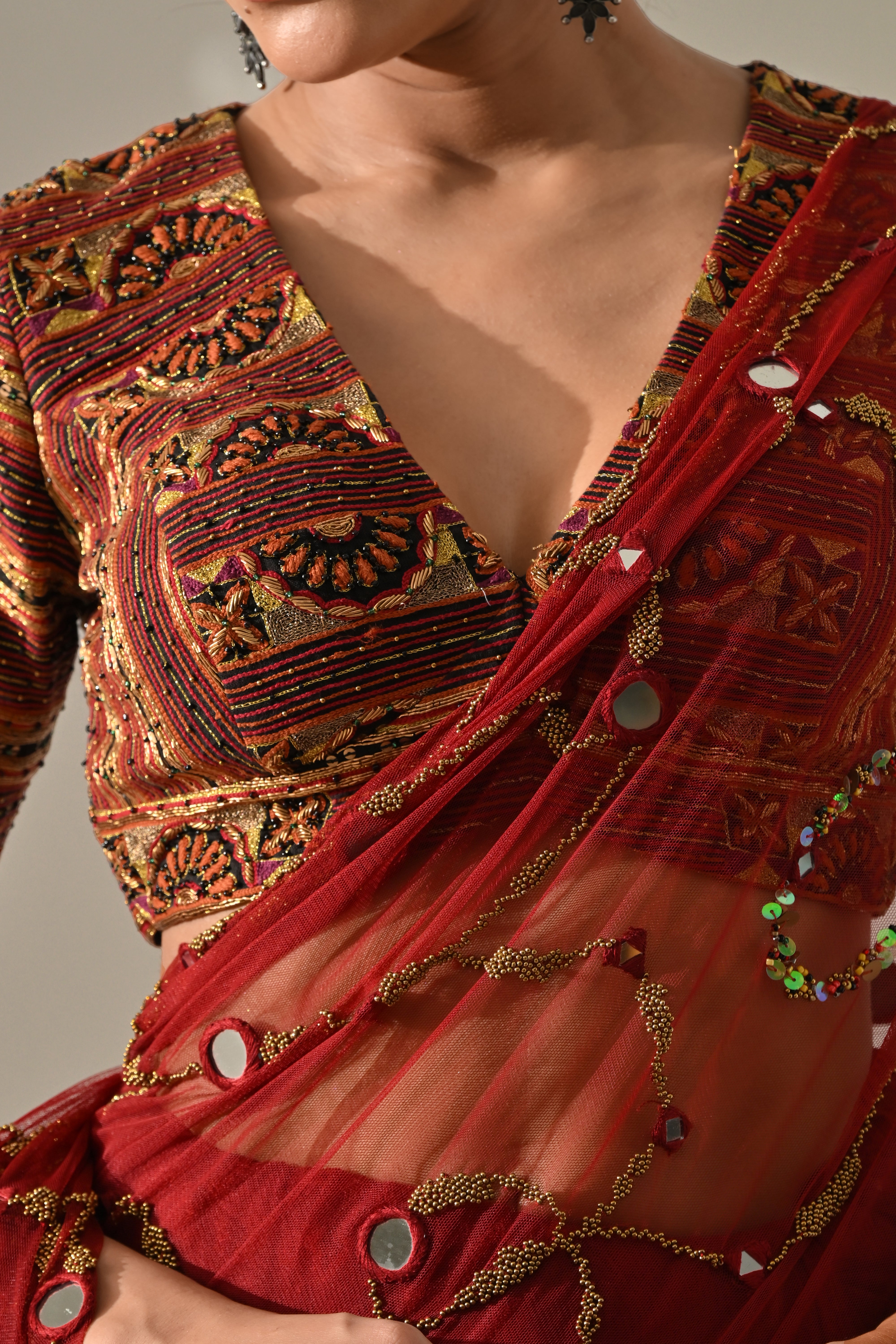 Deep Red Gold Mirror Work Hand Embroidered Saree Set