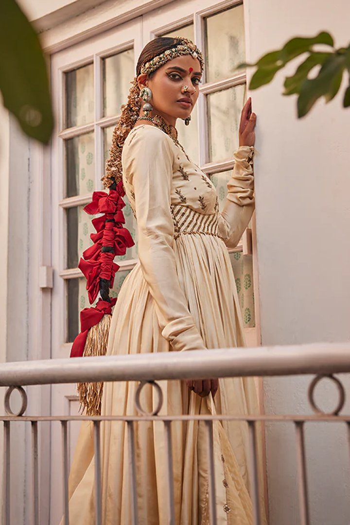 Ivory Silk Anarkali Suit Set with Embroidered Kurta and Tissue Dupatta