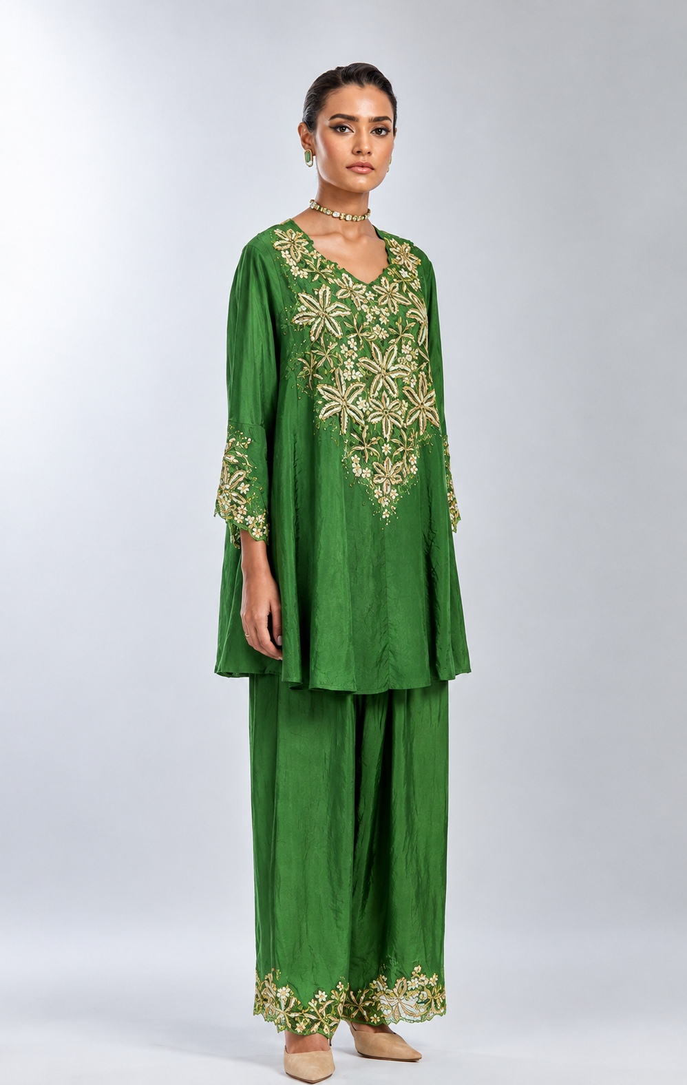 Fern color silk salwar set with intricate hand embroidered yoke