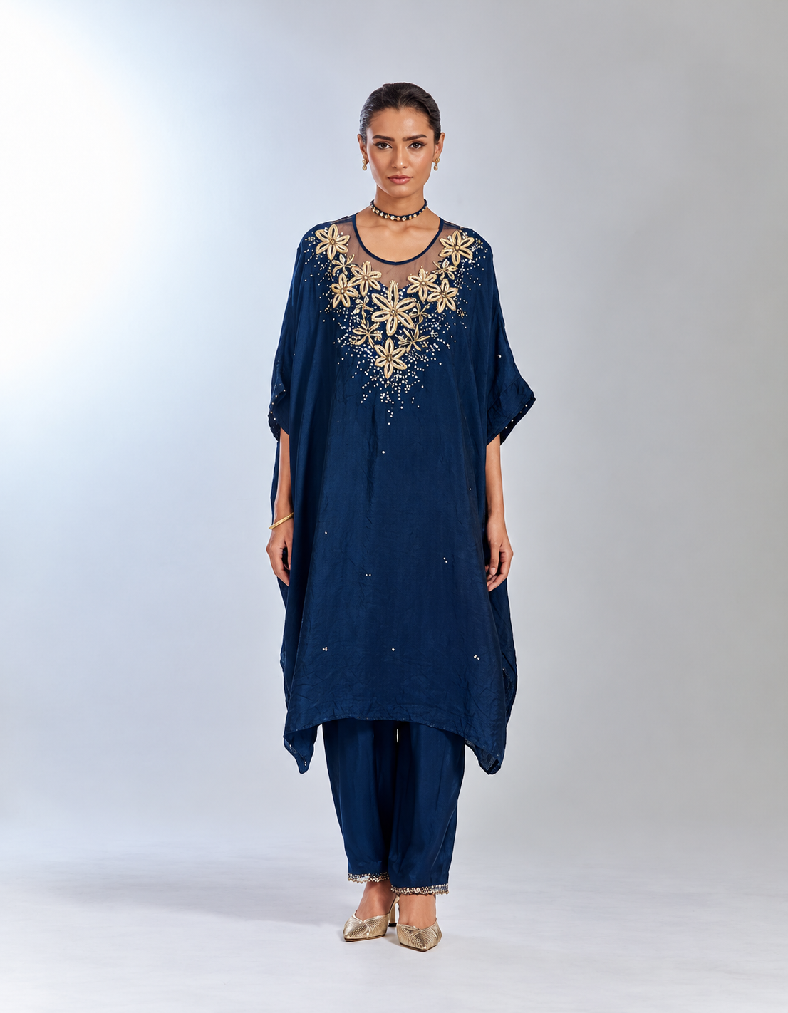 Navy crushed silk kaftan set with hand embroidered yoke