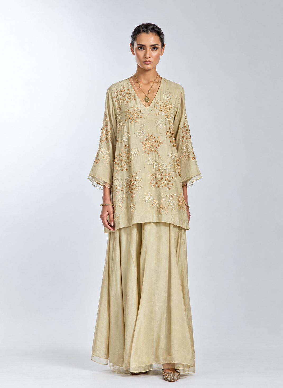 Silver silk sharara set with intricate floral hand embroidery