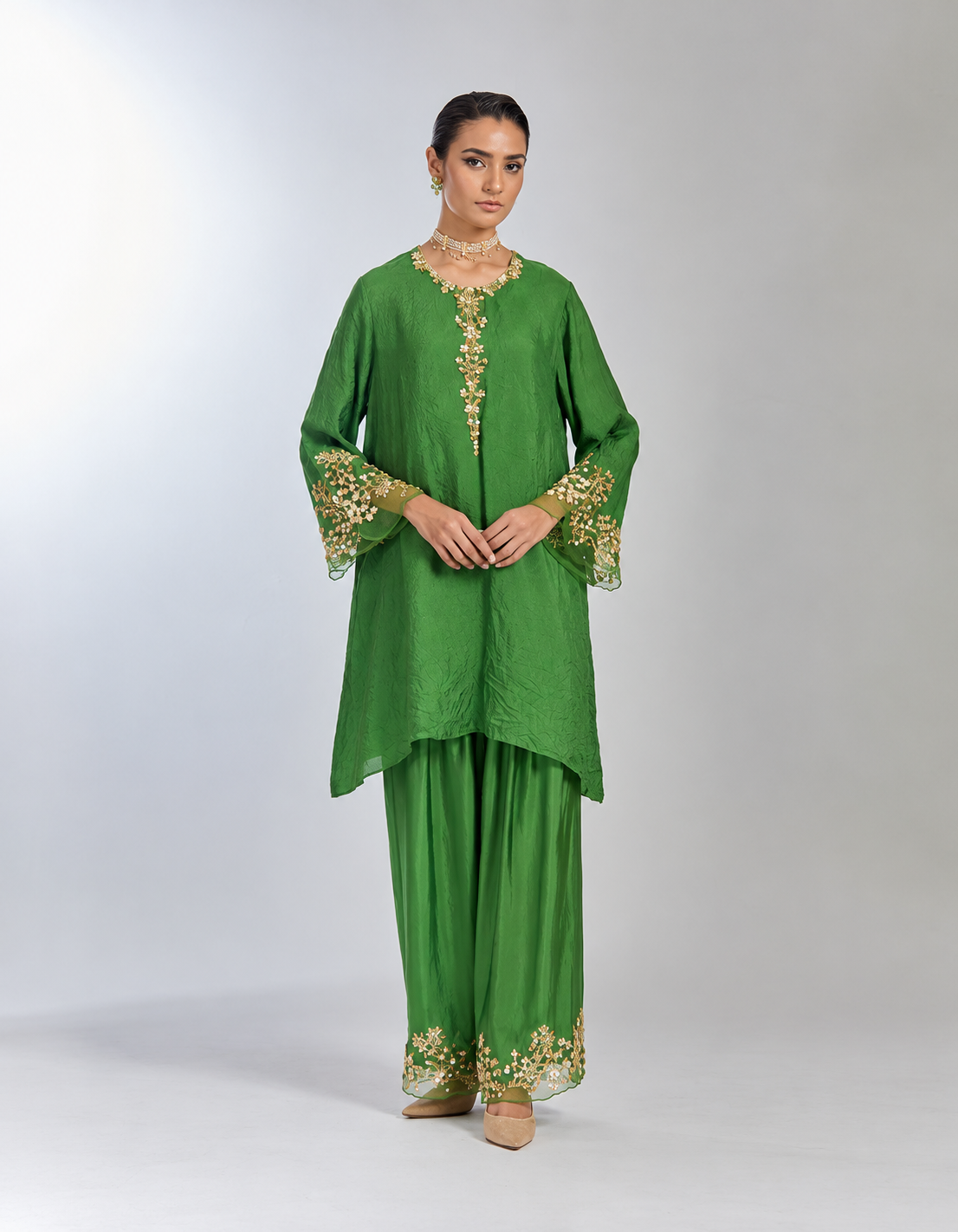 Fern color silk salwar set with floral hand embroidery