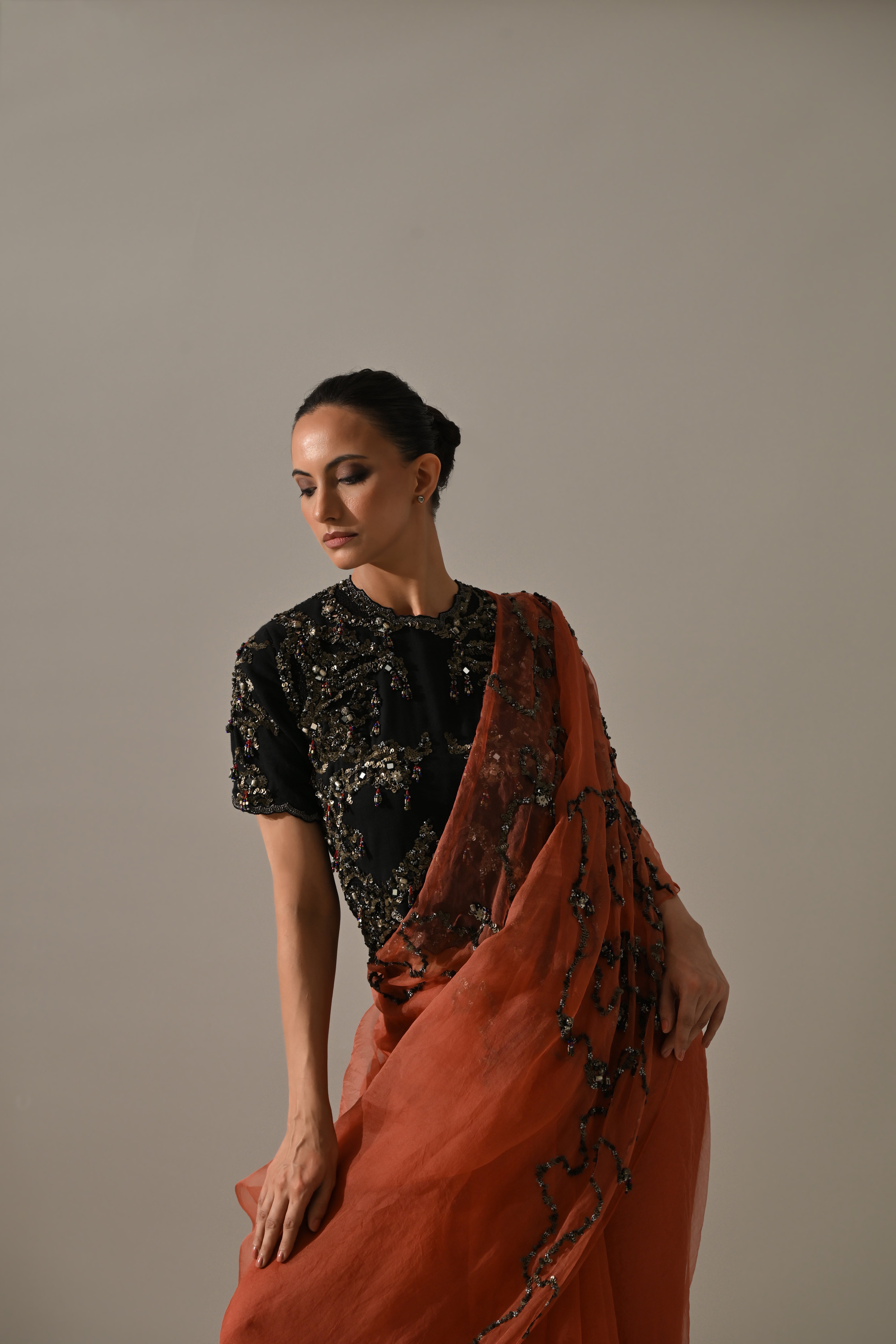 Peach Black Hand Embroidered Saree Set