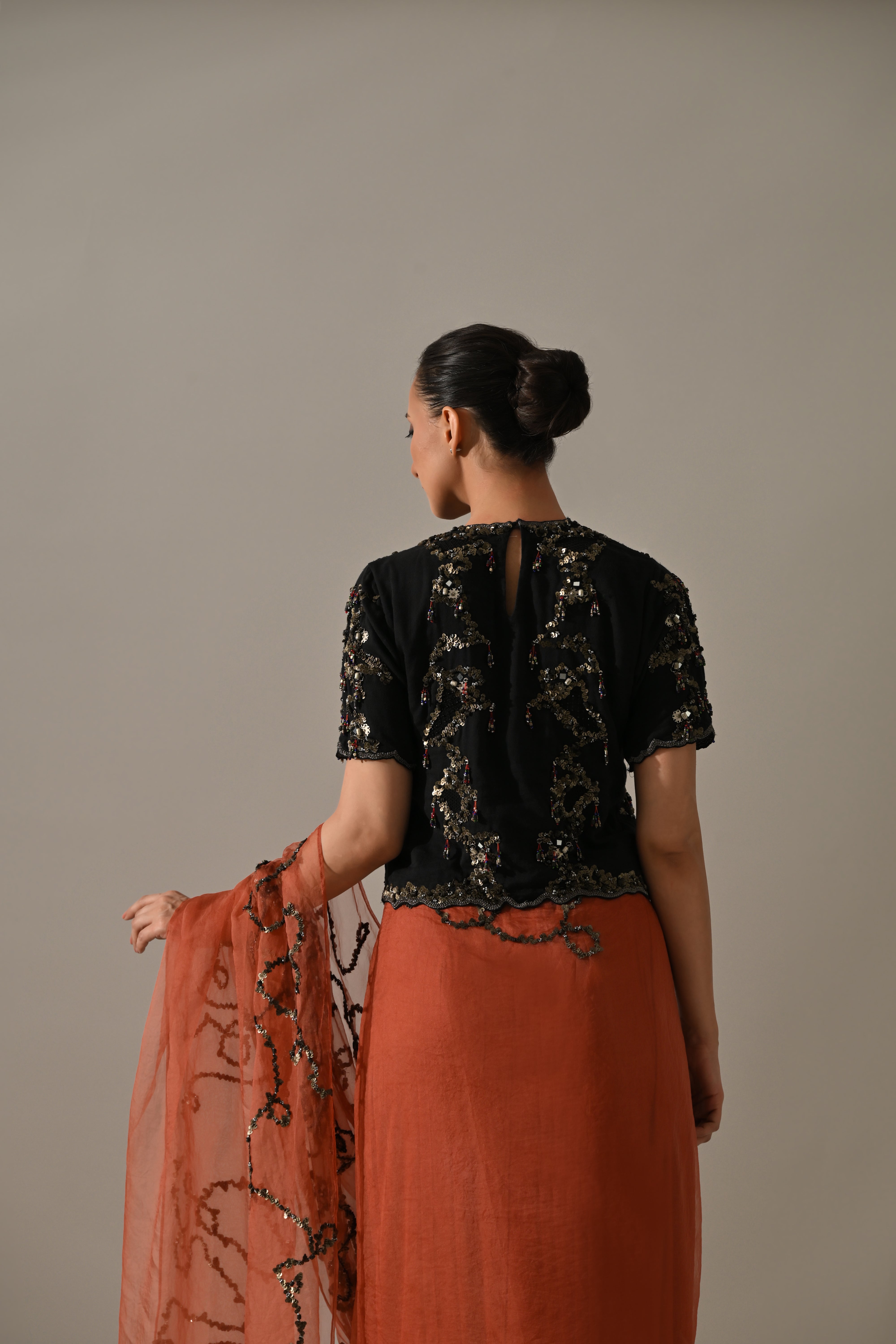 Peach Black Hand Embroidered Saree Set