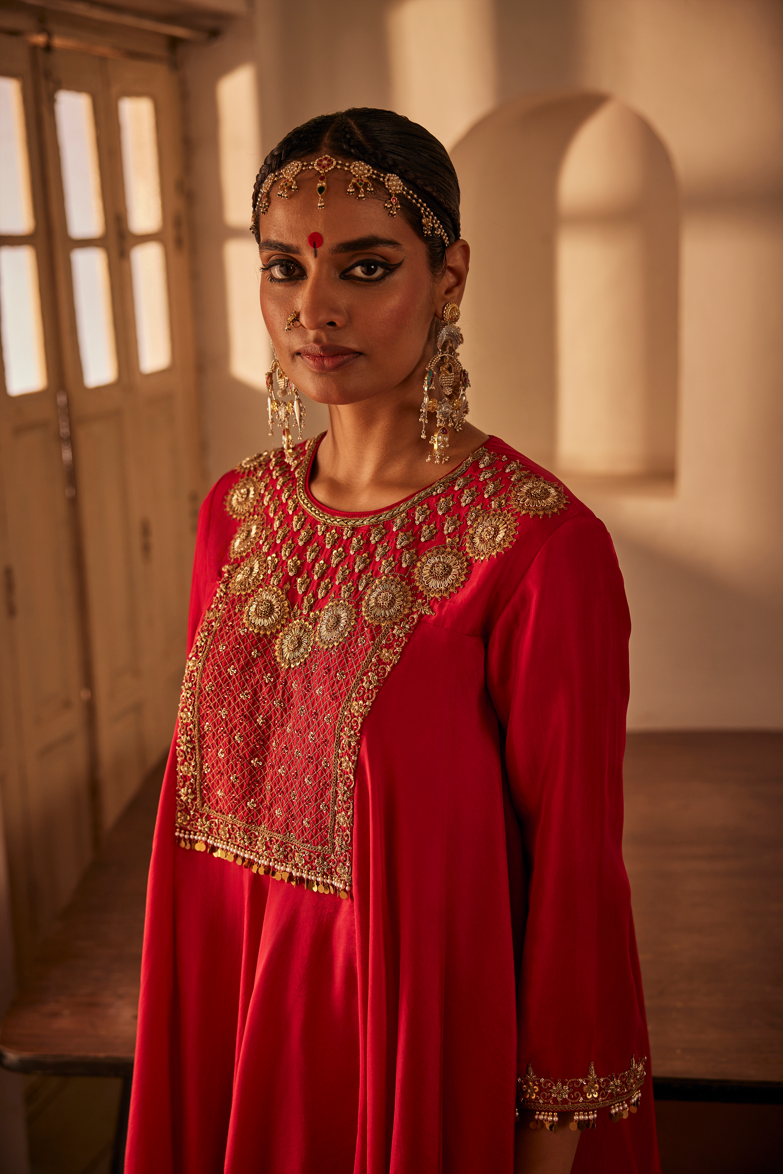 Luxurious Red Silk Embroidered Tunic & Pant Co-ord Set for Women