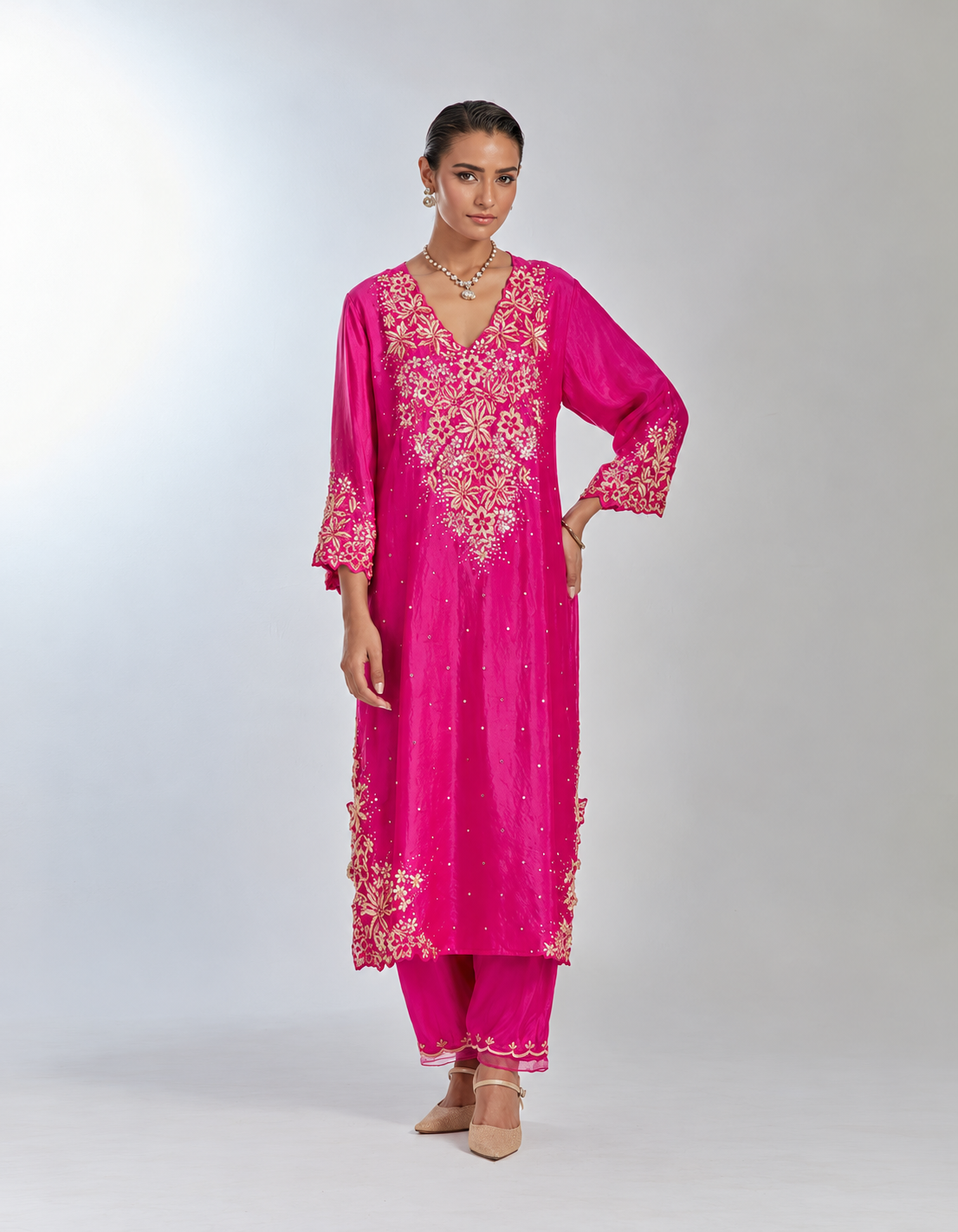 Hotpink silk straight kurta set with intricate floral hand embroidery