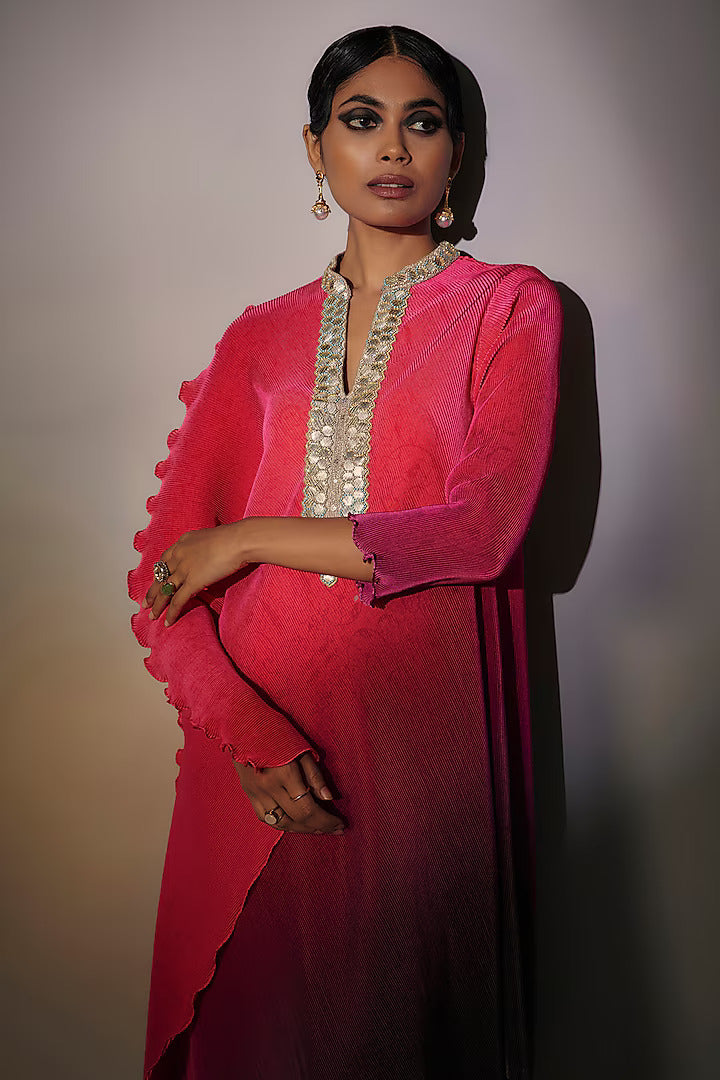 Fuchsia & Grey Pleated Polyester Embroidered Ombre Draped Kaftan