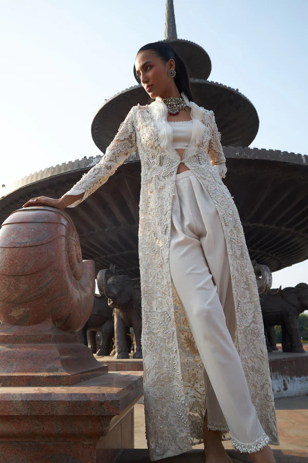 Zenaia Ivory Floral Embellished Jacket Set