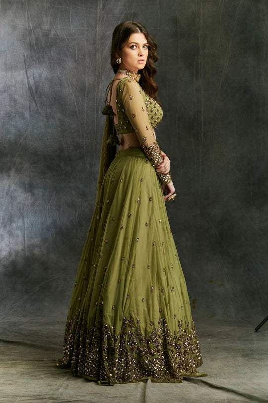 Olive Green Net Lehenga Set