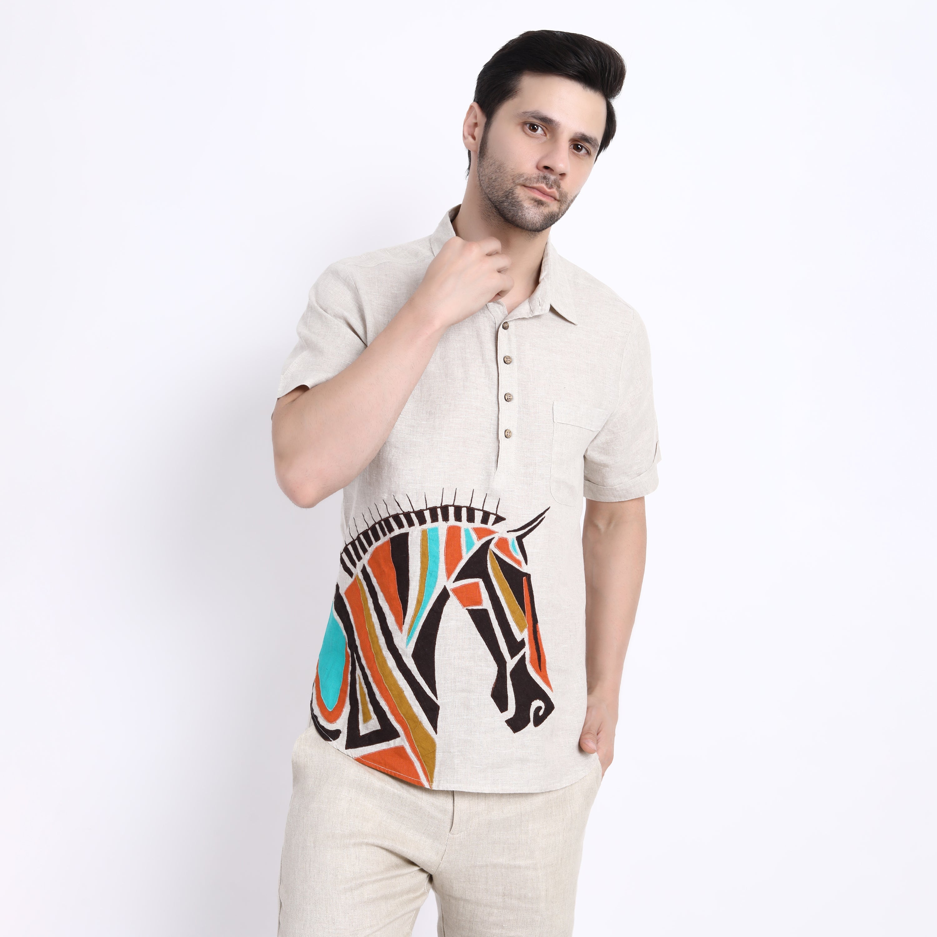Beige Cubic Horse Emb Half Sleeve Shirt