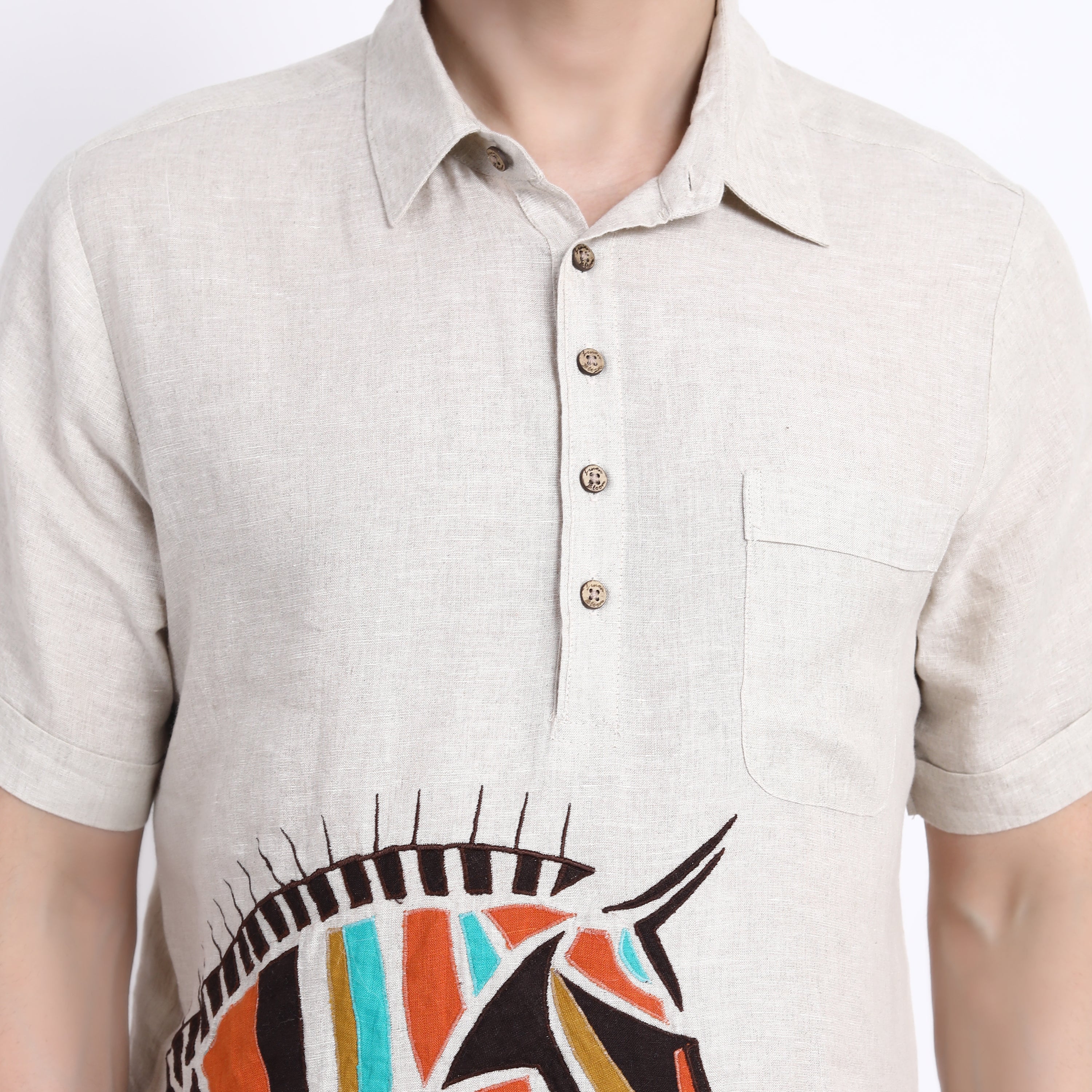 Beige Cubic Horse Emb Half Sleeve Shirt