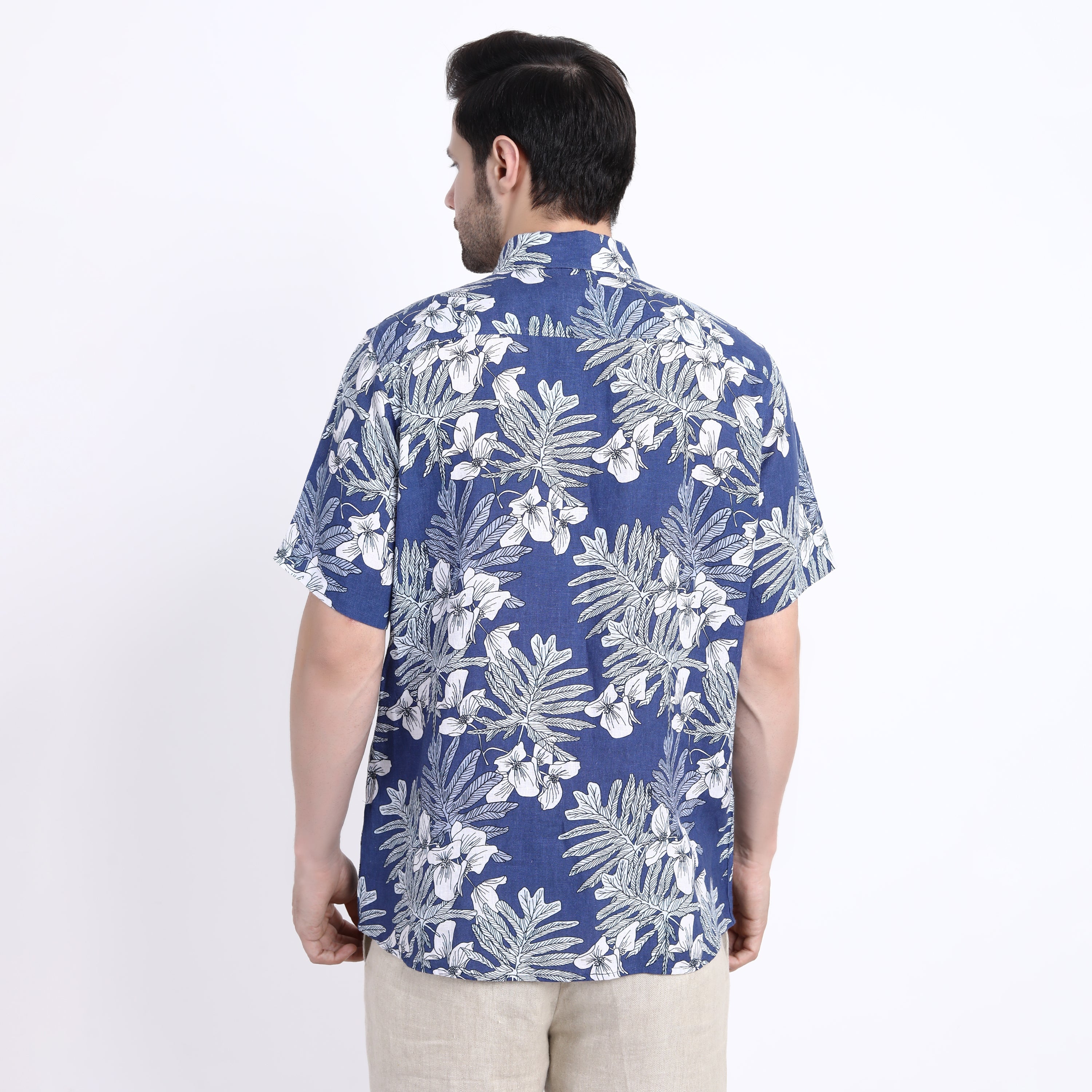 Royal Leaf Print Linen Half Sleeve Shirt