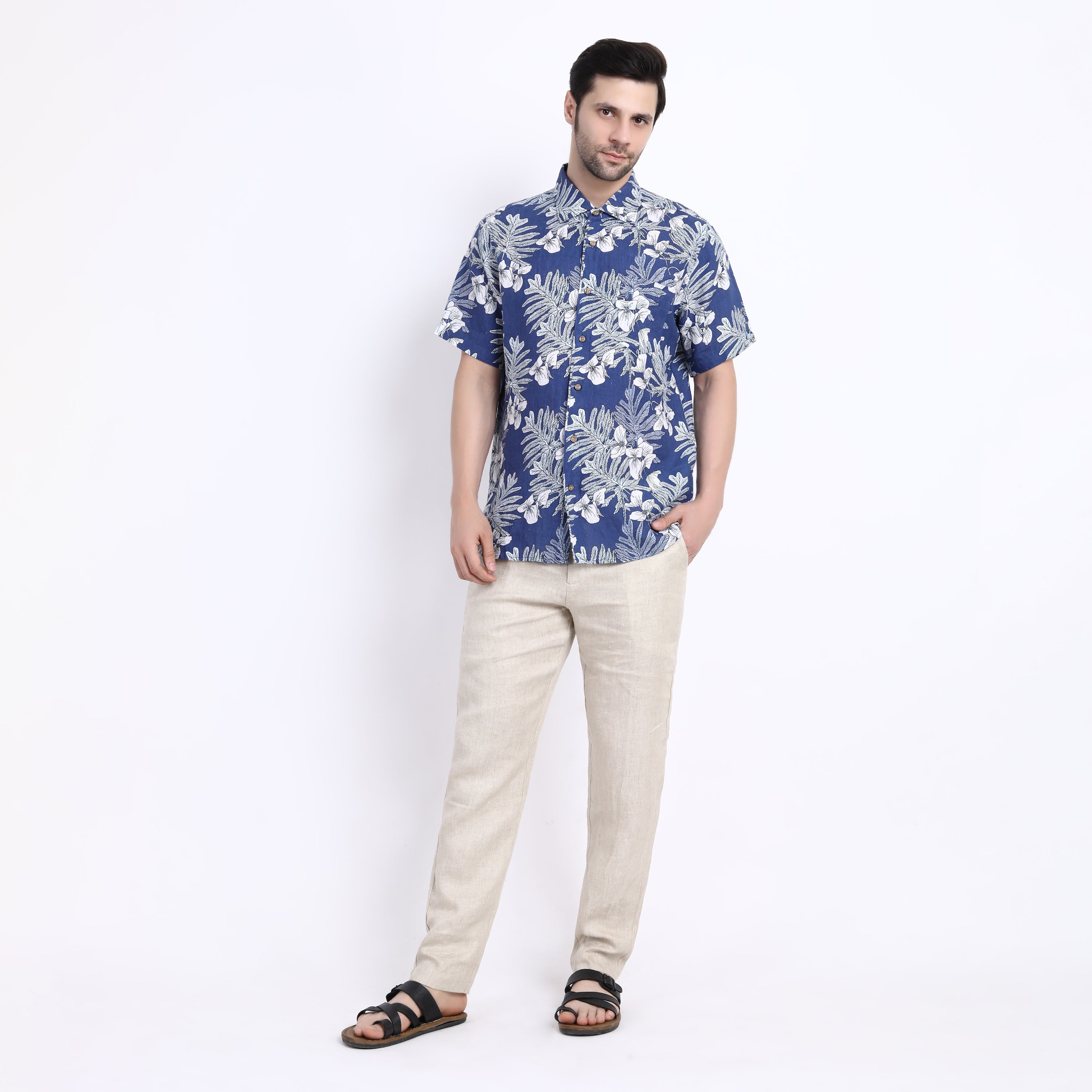 Royal Leaf Print Linen Half Sleeve Shirt