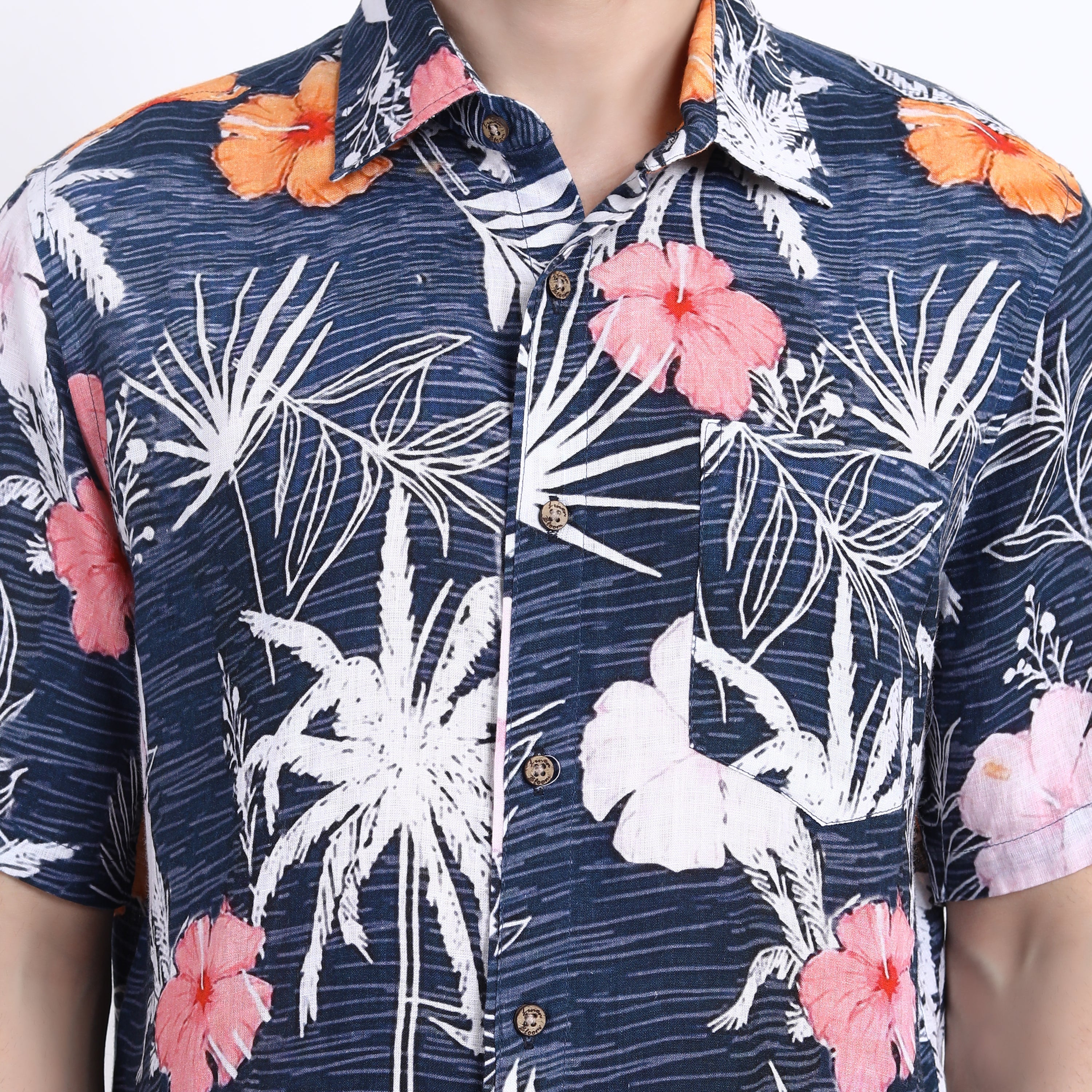 Hibiscus Print Linen Half Sleeve Shirt