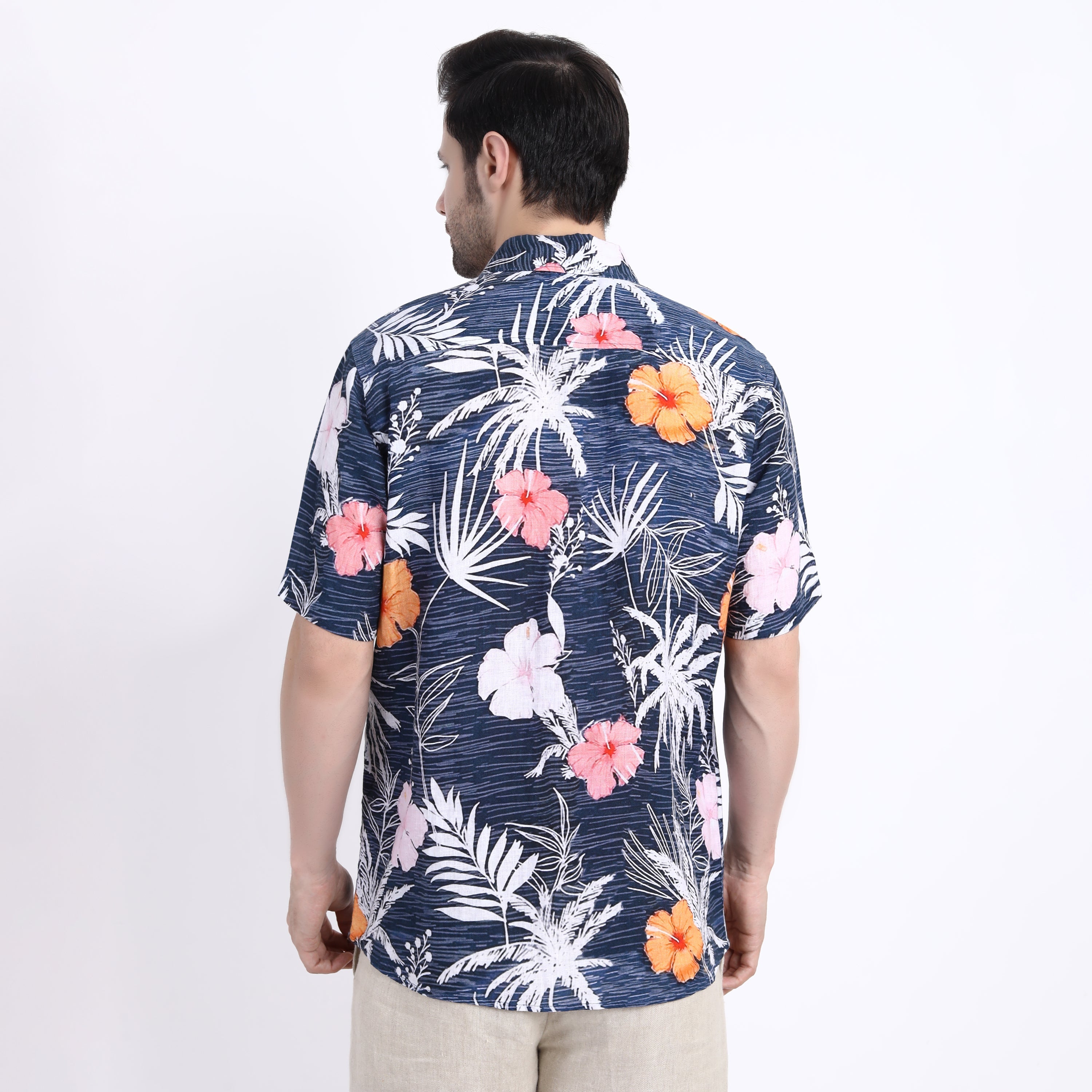Hibiscus Print Linen Half Sleeve Shirt
