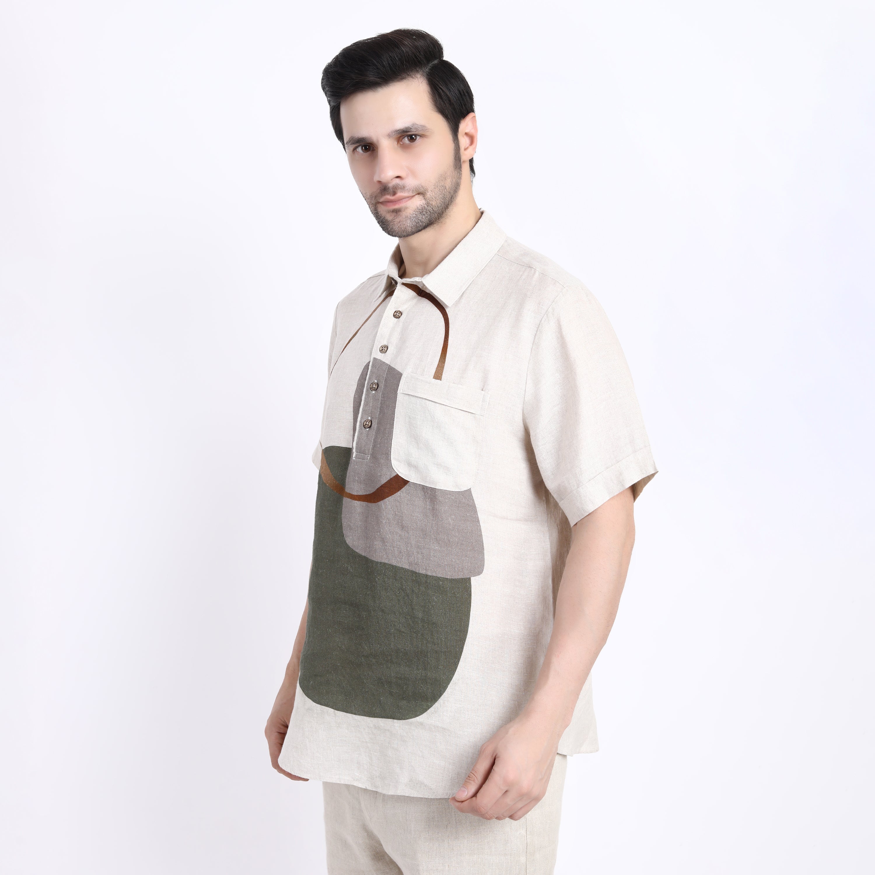 Beige Placement Print Half Sleeve Shirt